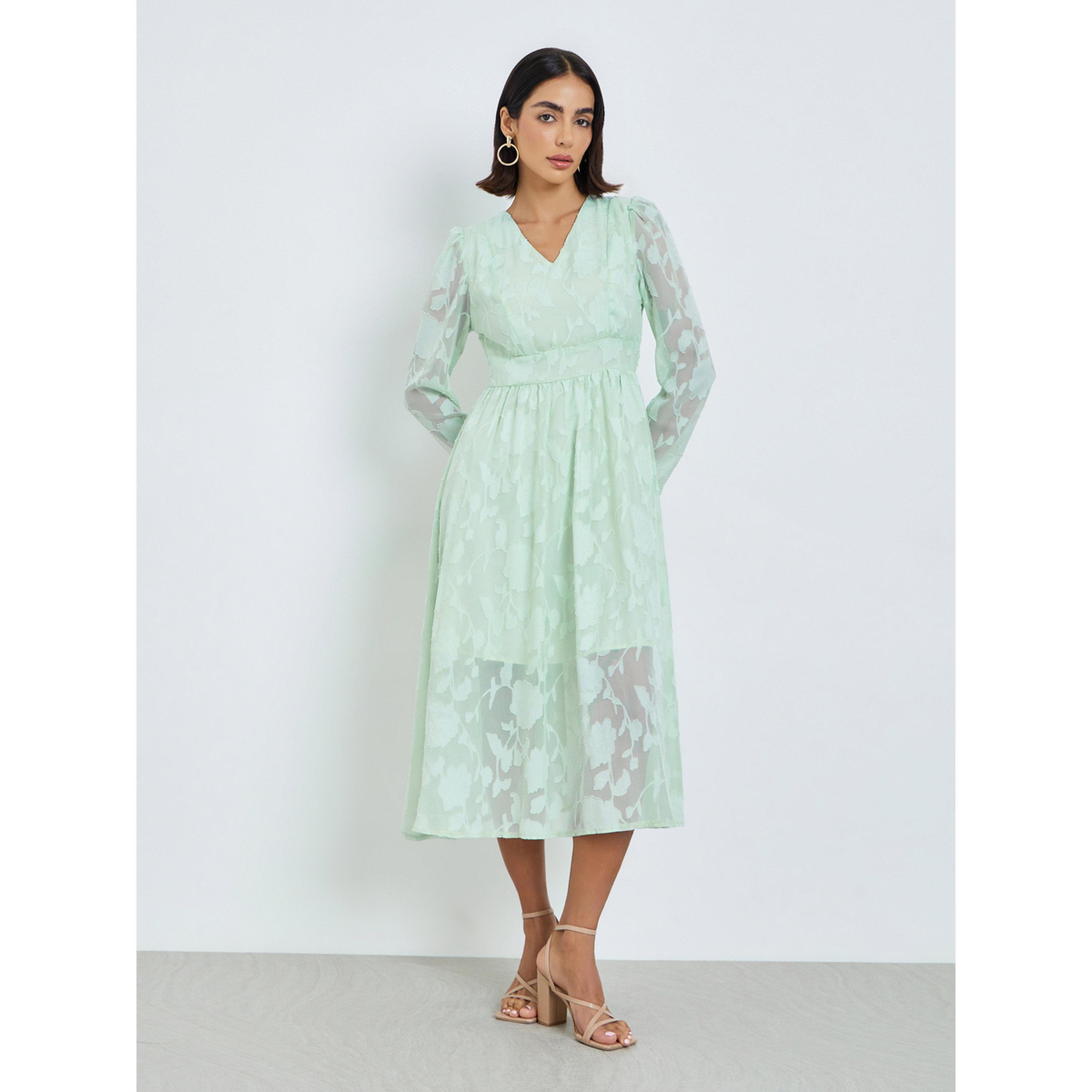 Styli Green Floral Jacquard A-Line Midi Dress-women-clothing-dresses-image-1