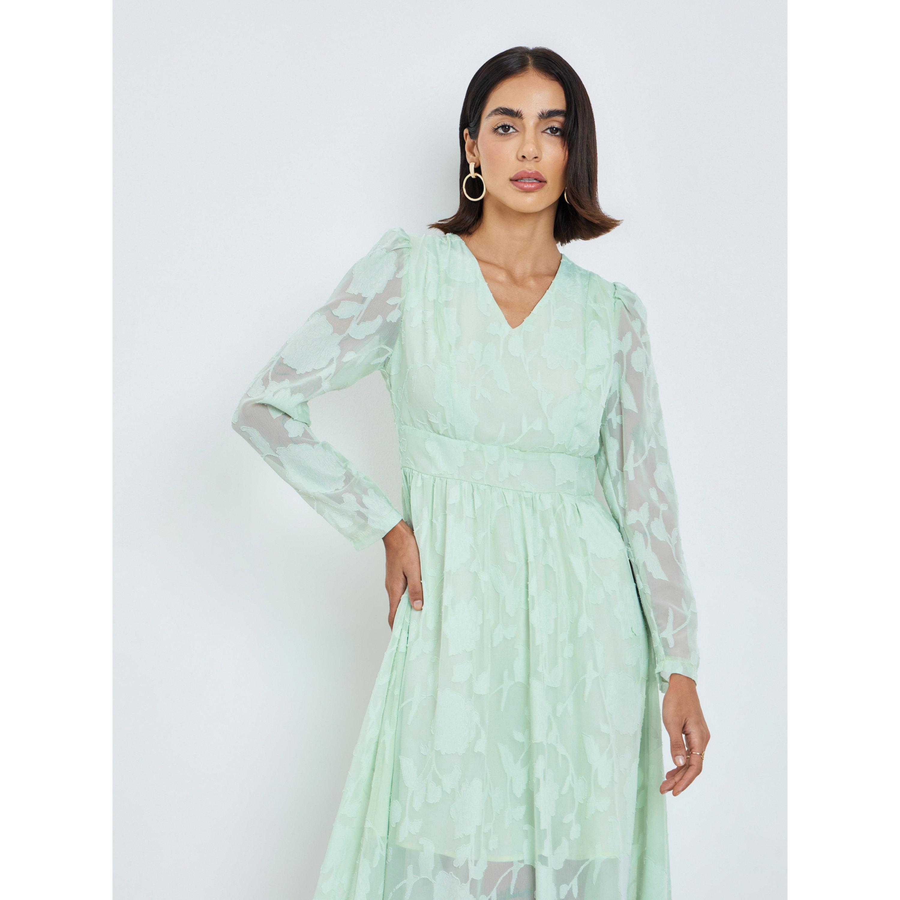 Styli Green Floral Jacquard A-Line Midi Dress-women-clothing-dresses-image-2