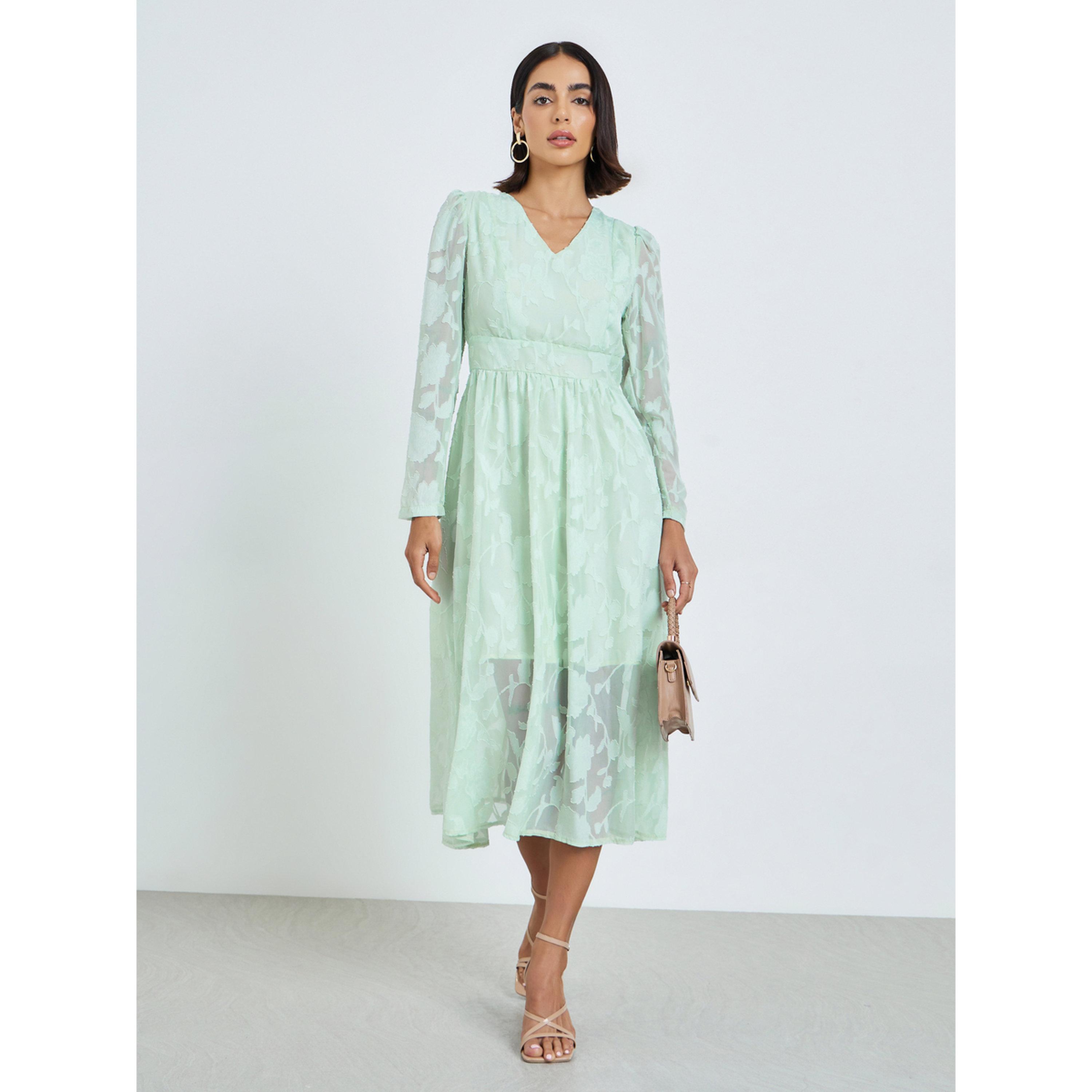 Styli Green Floral Jacquard A-Line Midi Dress-women-clothing-dresses-image-3