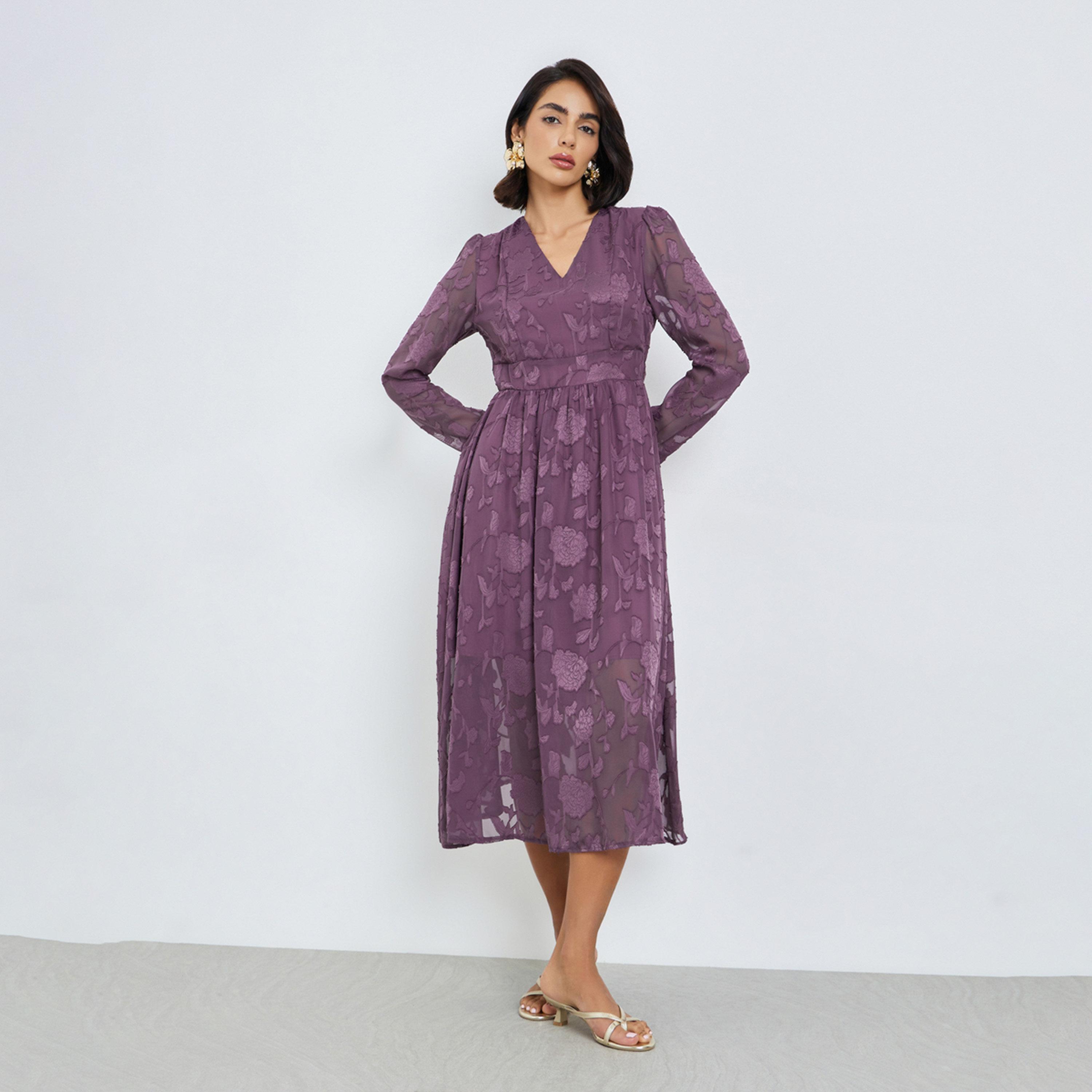 فستان ميدي بحافة واسعة من الجاكار بنقشة زهور-women-clothing-dresses-image-1