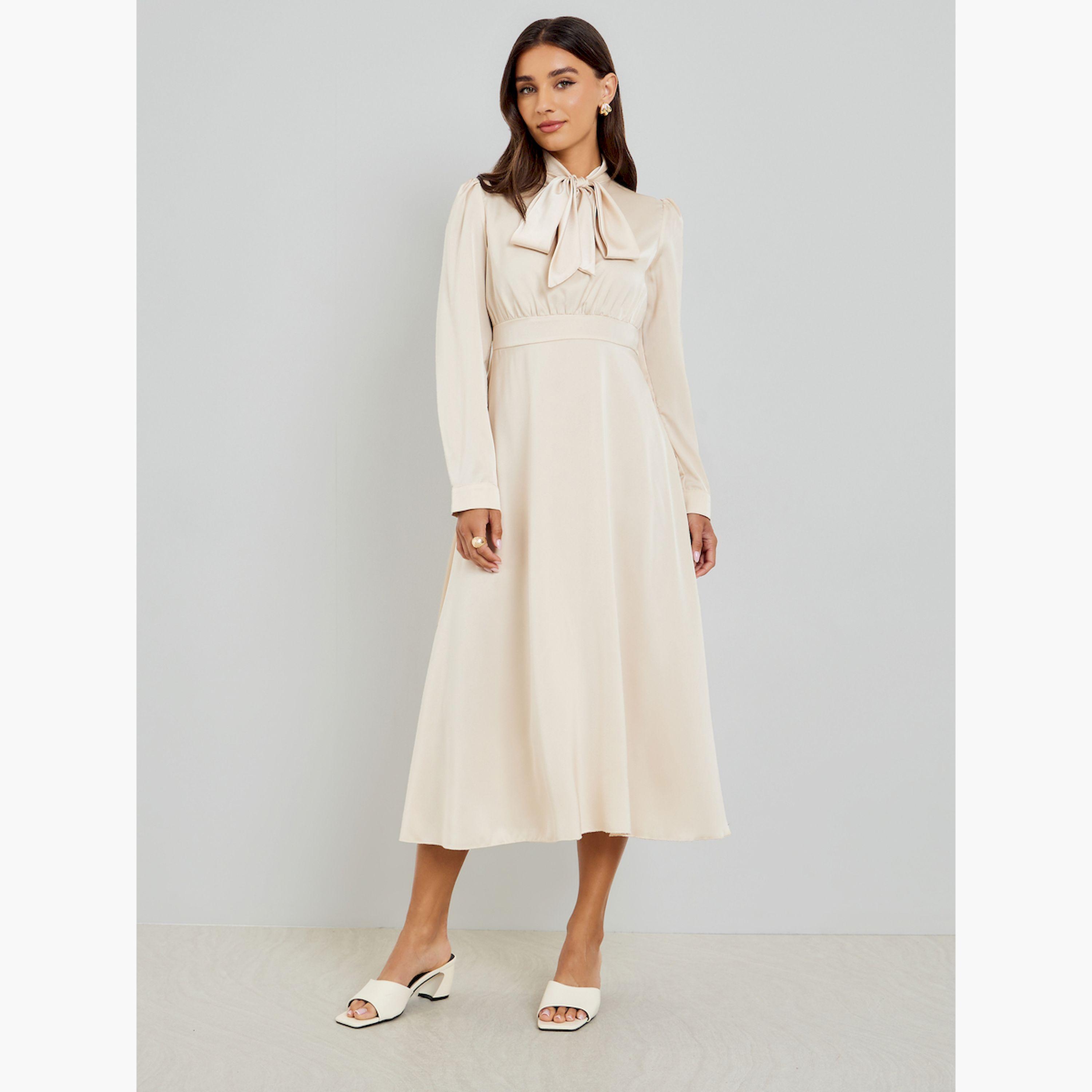 Styli Beige Satin Tie-Up Neck Midi Dress-women-clothing-dresses-image-1