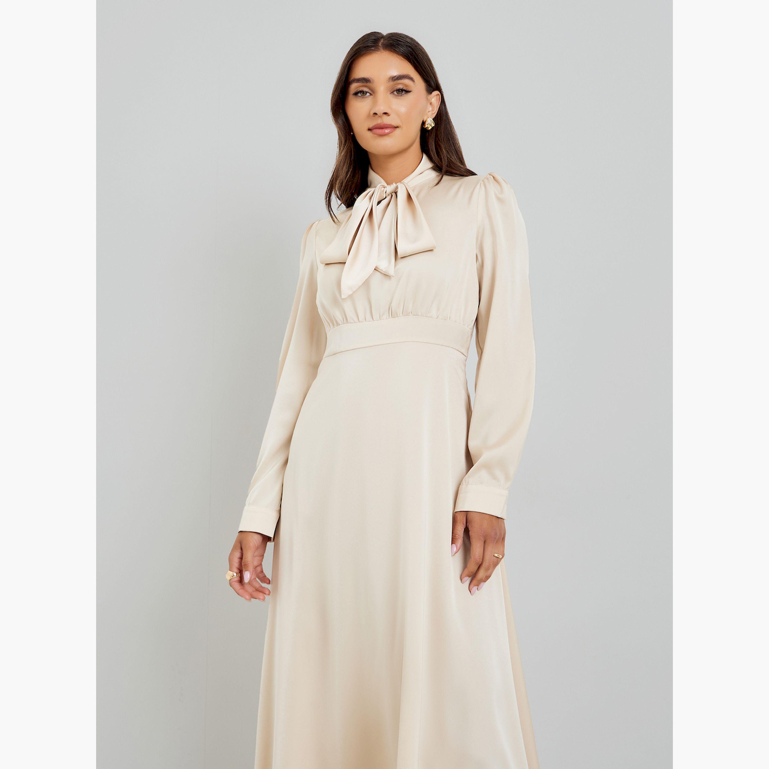 Styli Beige Satin Tie-Up Neck Midi Dress-women-clothing-dresses-image-2