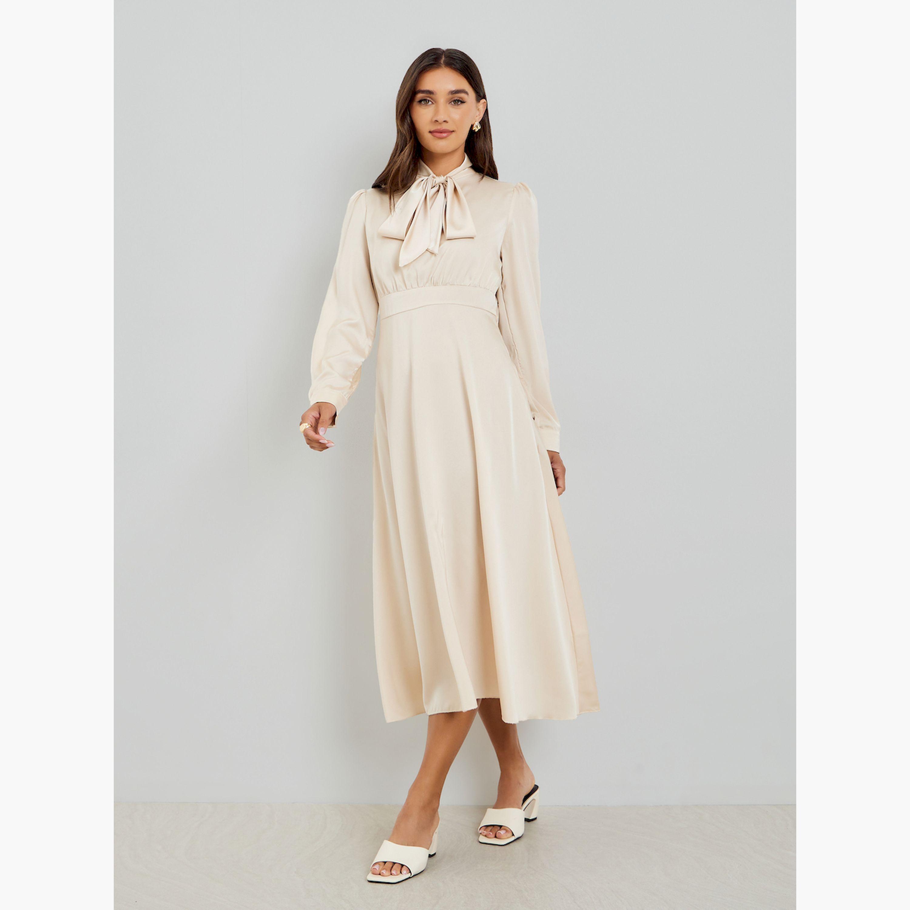 Styli Beige Satin Tie-Up Neck Midi Dress-women-clothing-dresses-image-3