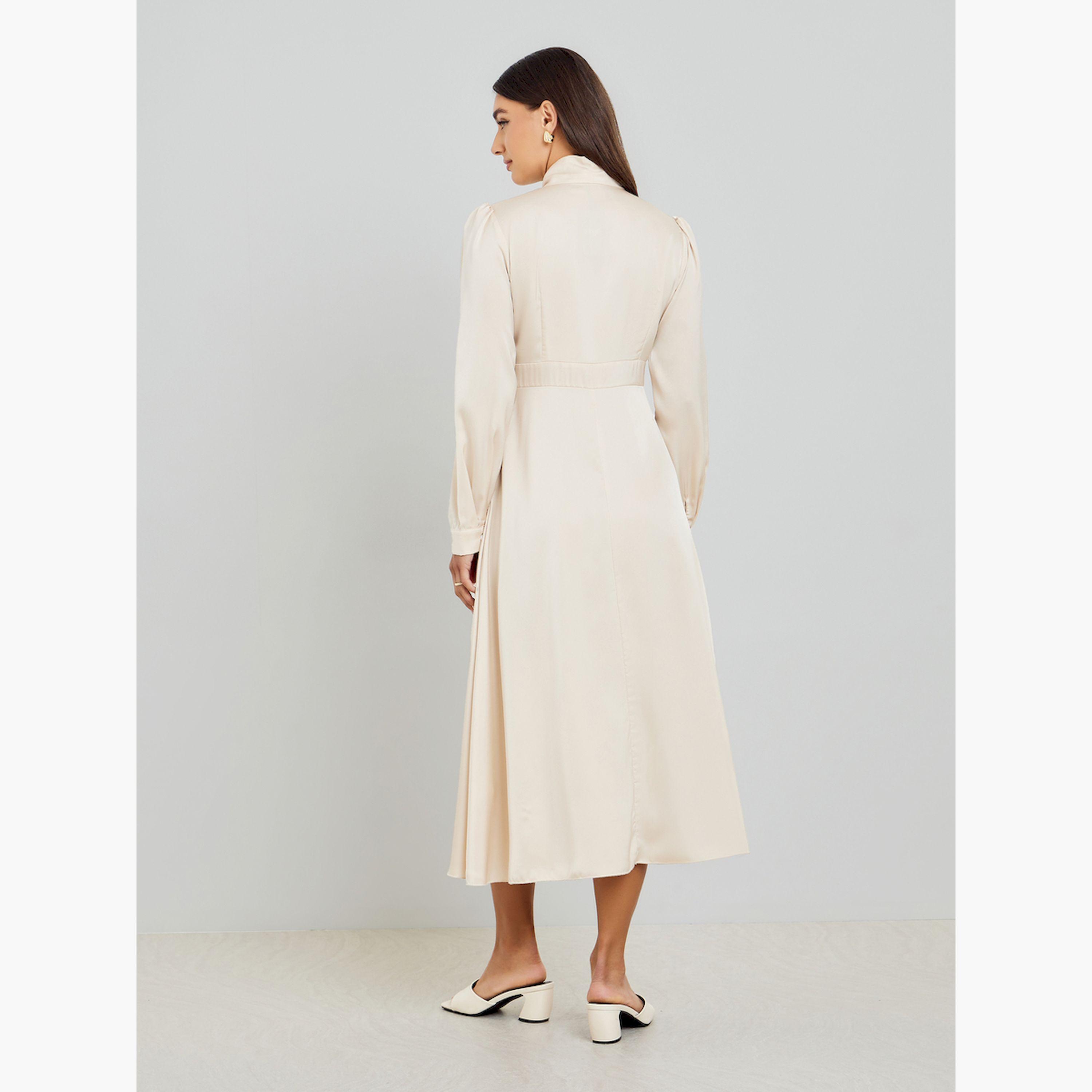 Styli Beige Satin Tie-Up Neck Midi Dress-women-clothing-dresses-image-4