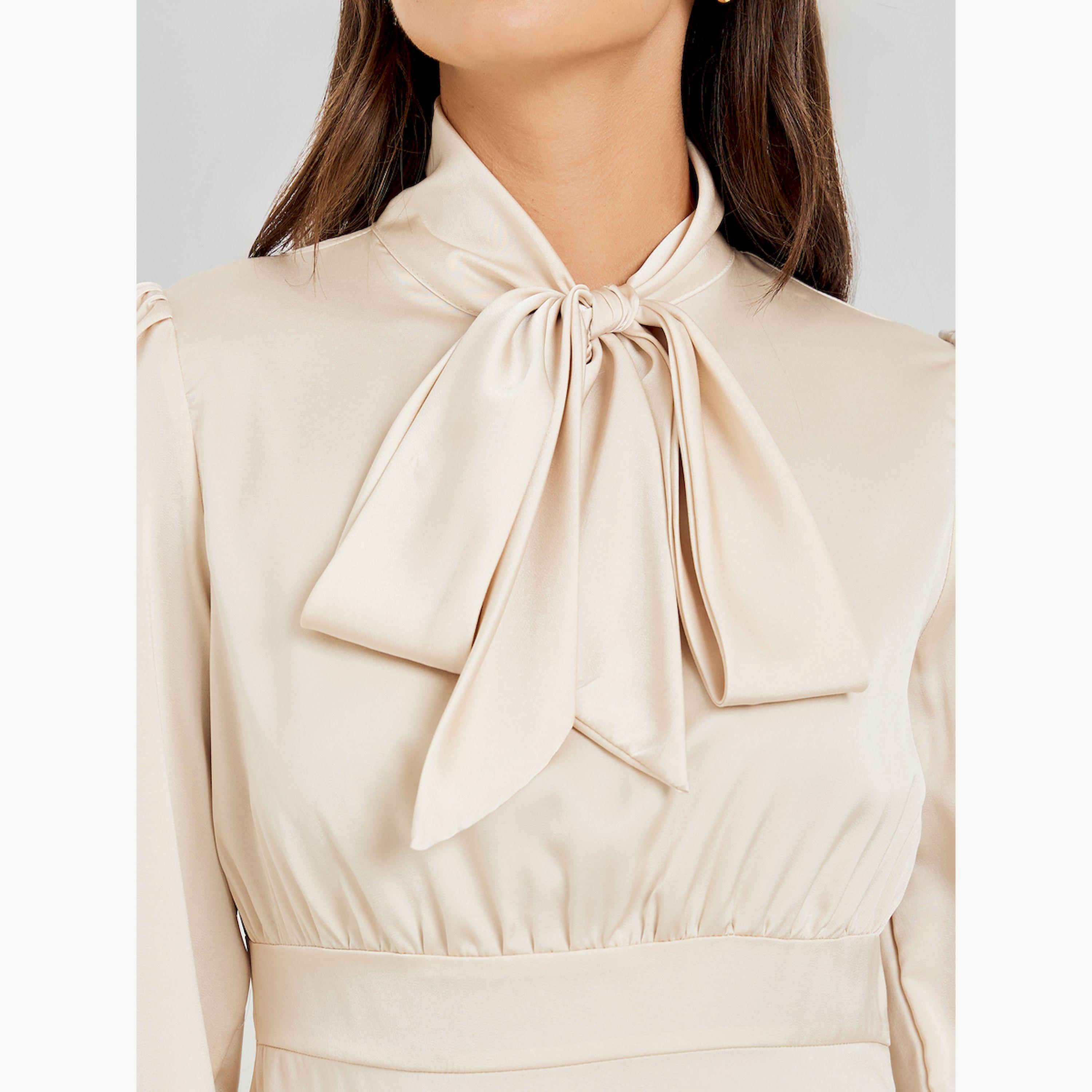 Styli Beige Satin Tie-Up Neck Midi Dress-women-clothing-dresses-image-5
