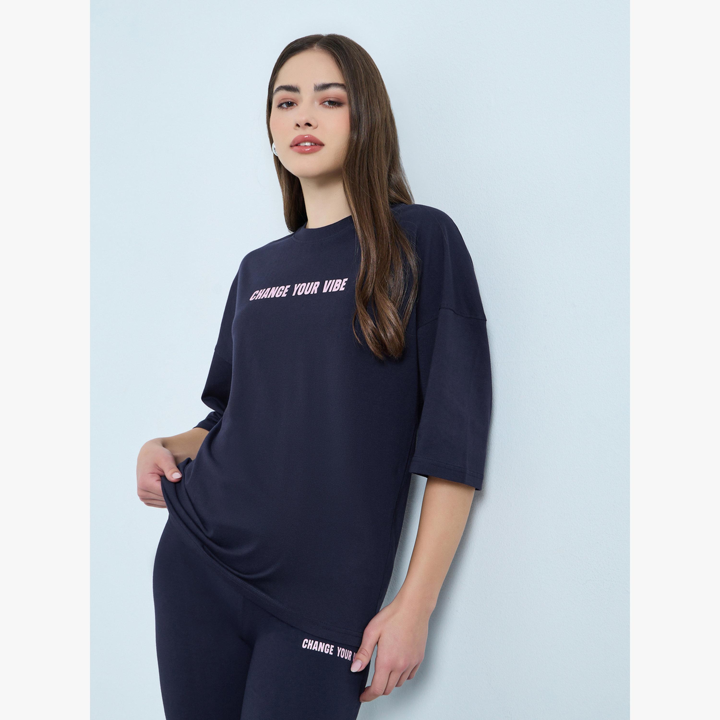 Styli Navy Blue Printed T-Shirt and Flared Leggings Co-Ords-women-clothing-coordsets-image-2