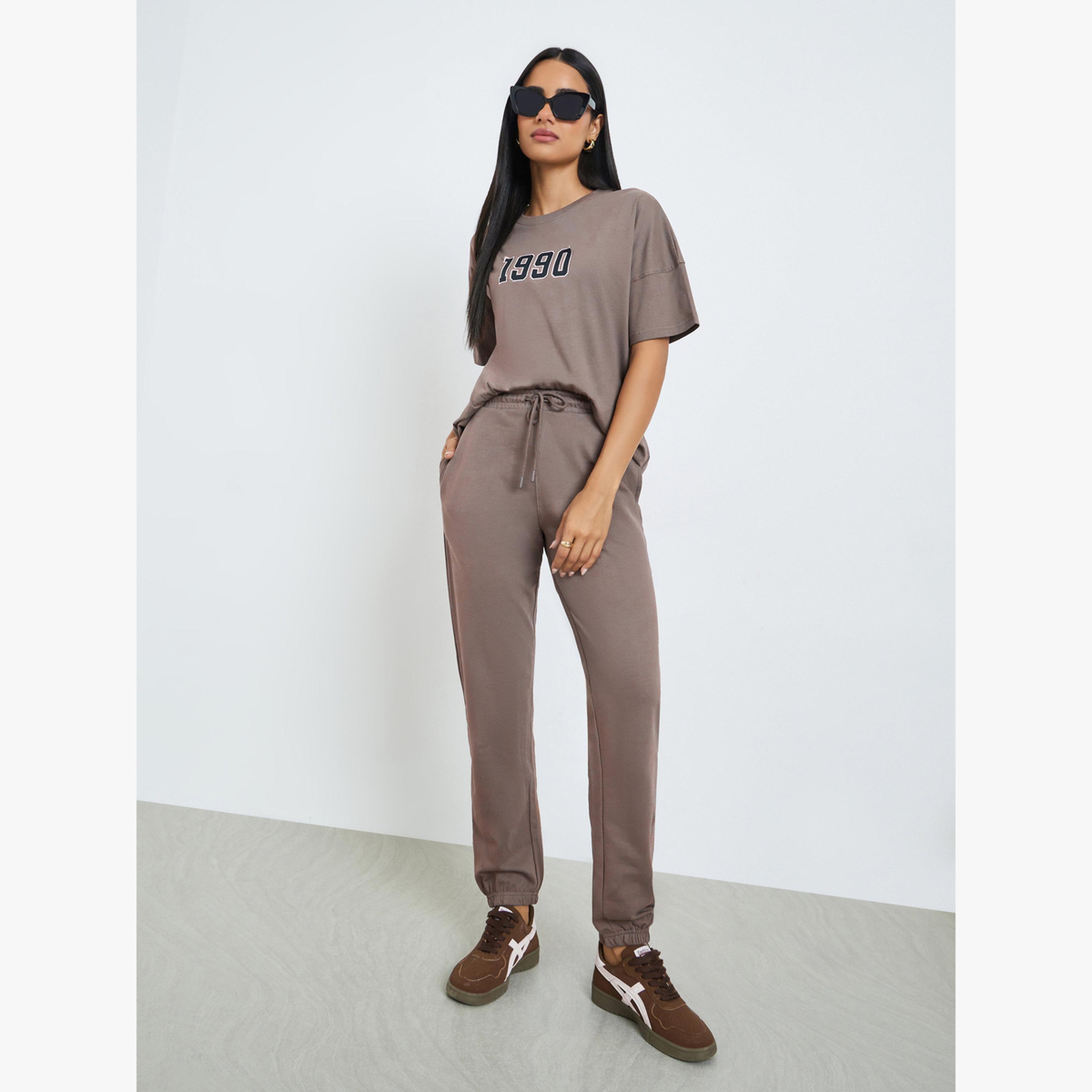 Styli Brown Printed Longline T-Shirt and Cuffed Joggers Co-Ords-women-clothing-coordsets-image-1