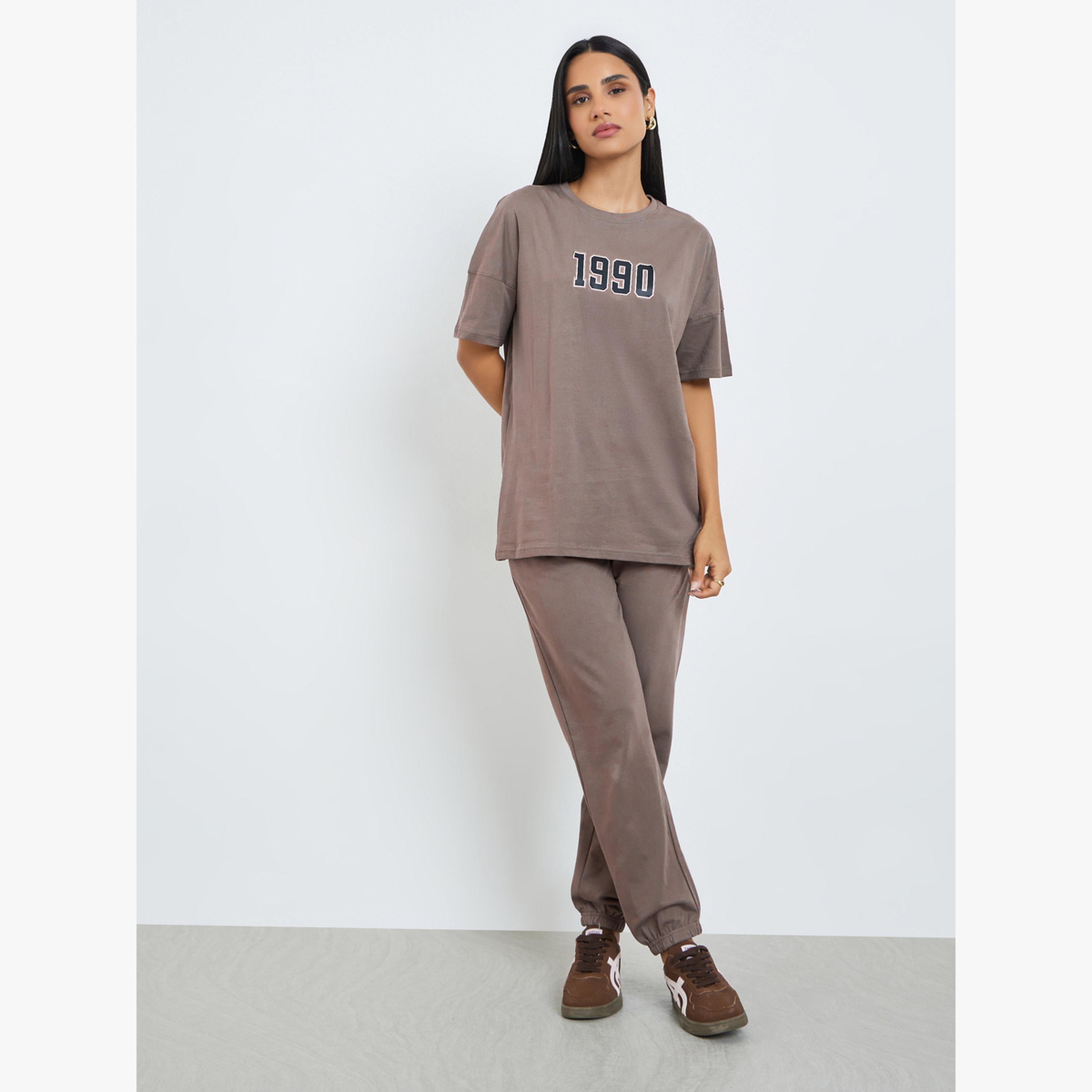 Styli Brown Printed Longline T-Shirt and Cuffed Joggers Co-Ords-women-clothing-coordsets-image-4