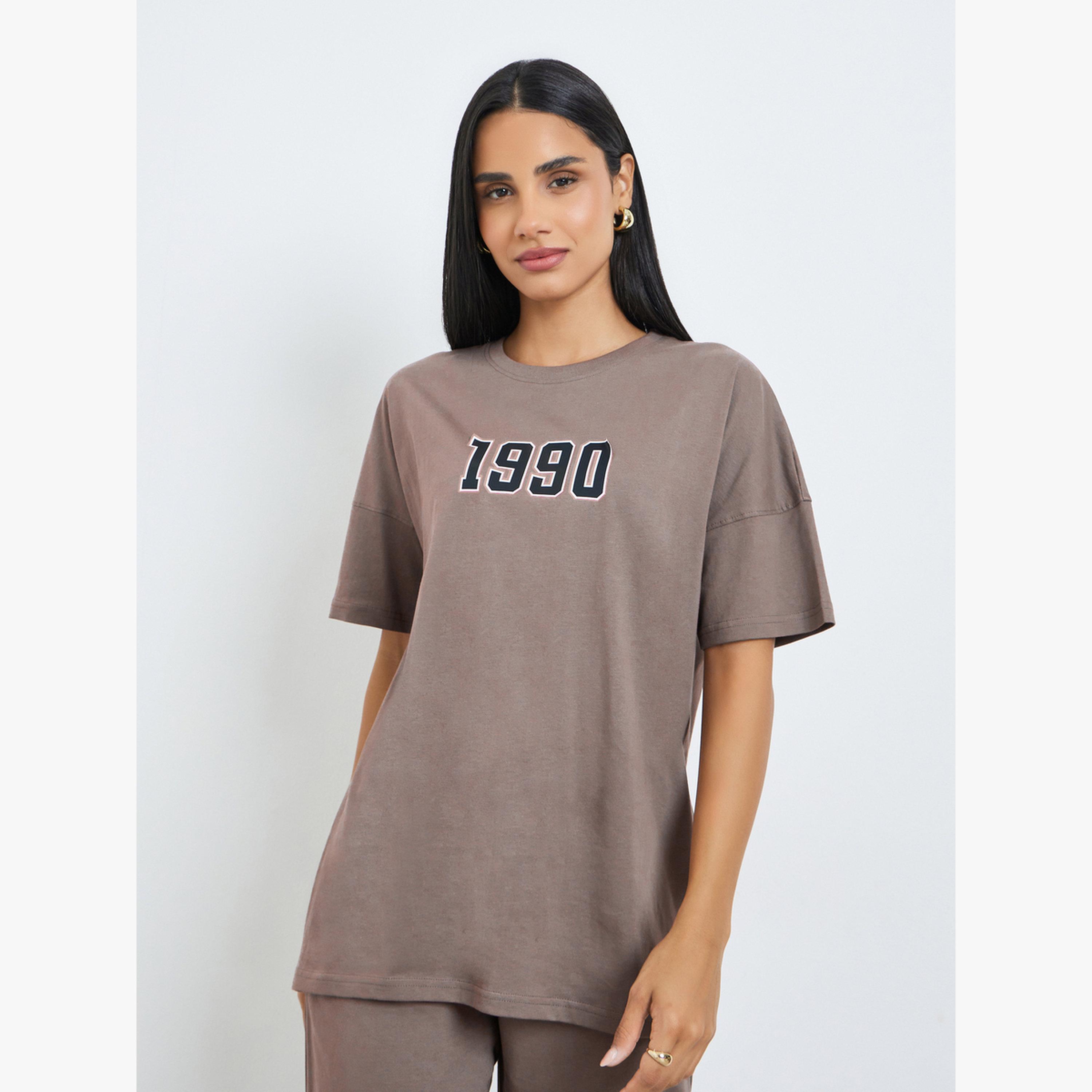 Styli Brown Printed Longline T-Shirt and Cuffed Joggers Co-Ords-women-clothing-coordsets-image-5