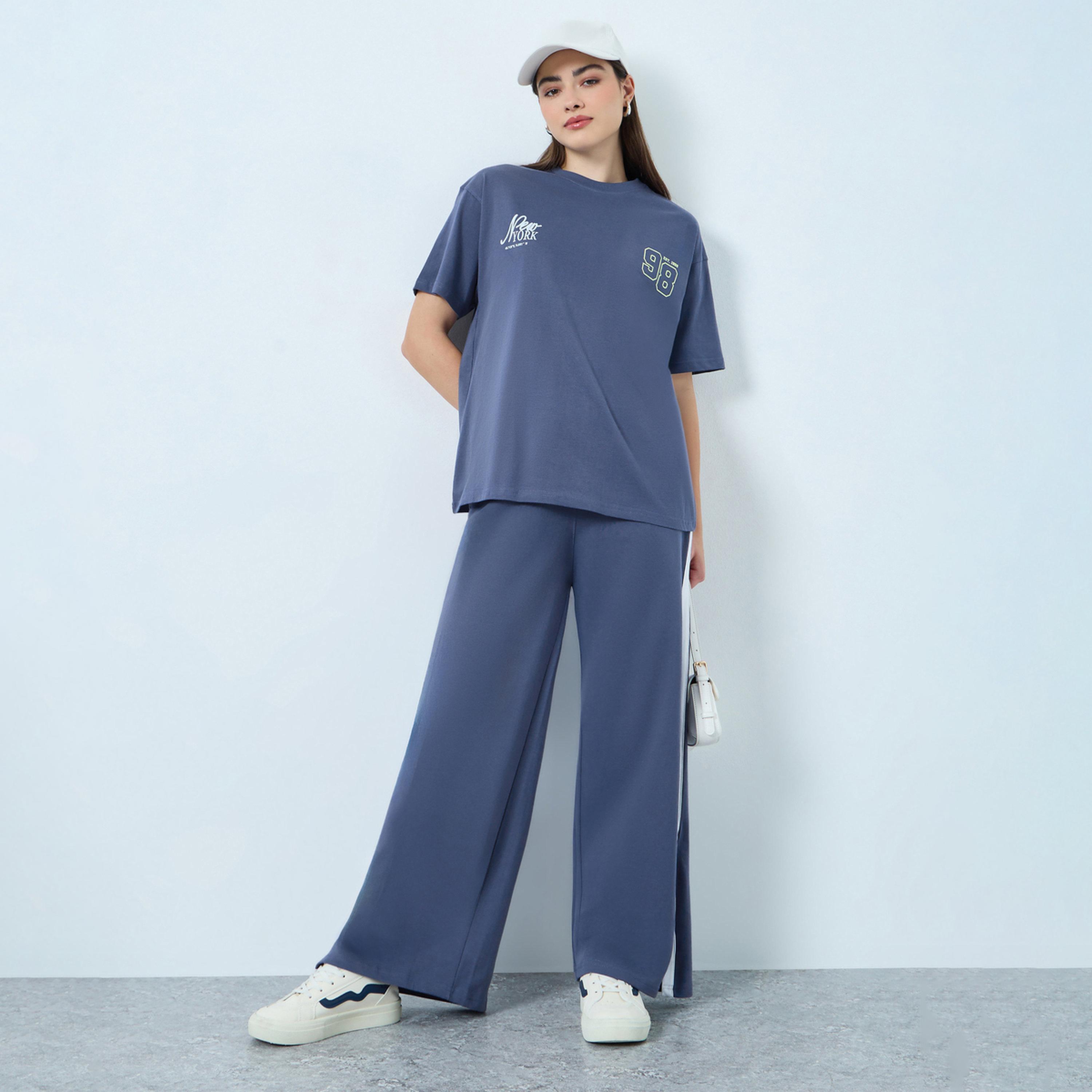 Styli Blue Oversized T-Shirt and Wide Leg Joggers Co-ords-women-clothing-coordsets-image-1
