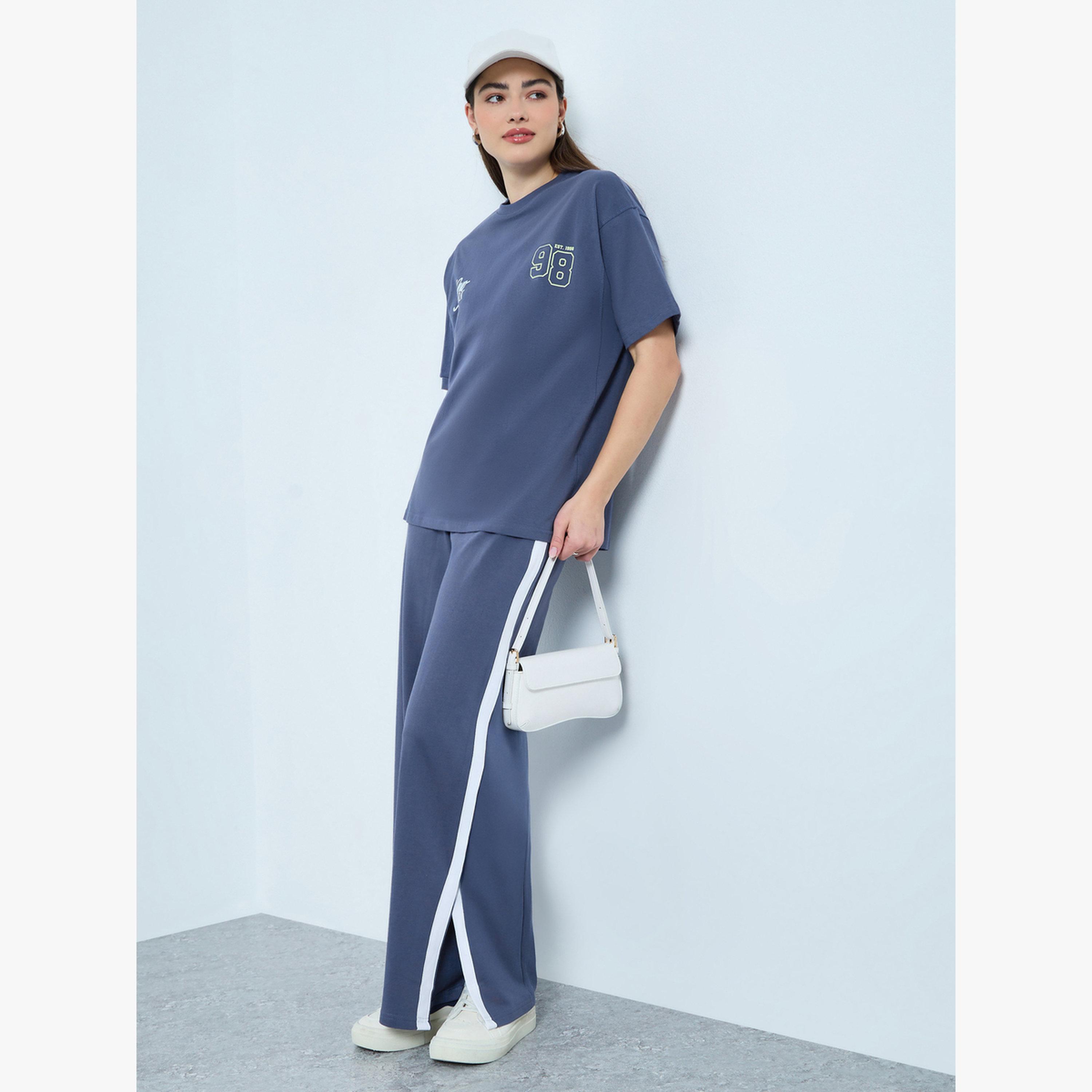 Styli Blue Oversized T-Shirt and Wide Leg Joggers Co-ords-women-clothing-coordsets-image-2