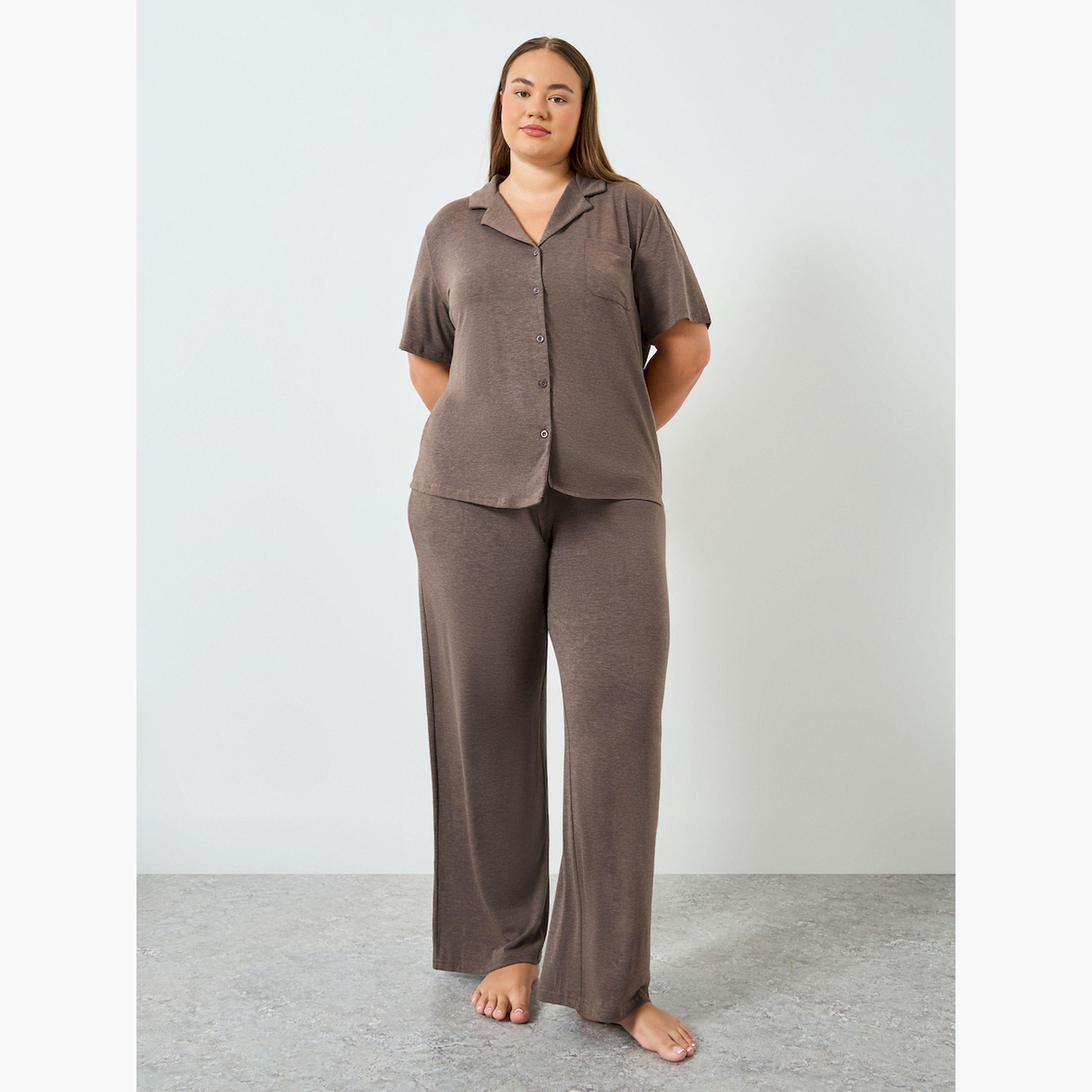Styli Plus Size Brown Knitted Shirt and Pyjama Set-women-clothing-nightwear-pyjamas-longsets-image-1
