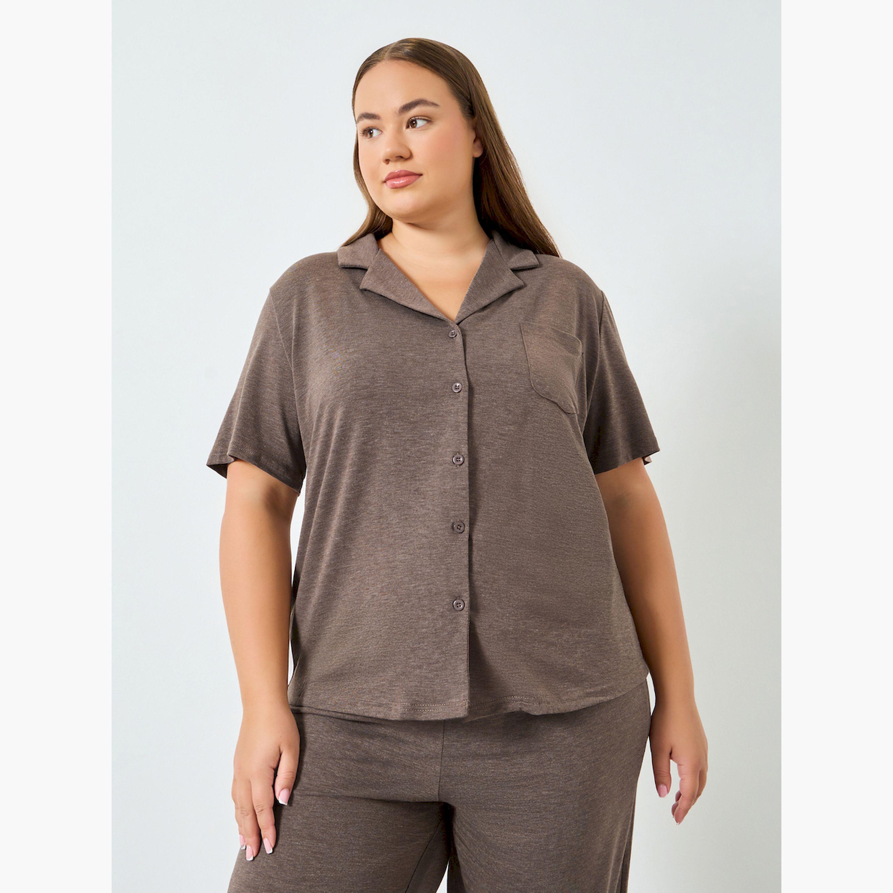 Styli Plus Size Brown Knitted Shirt and Pyjama Set-women-clothing-nightwear-pyjamas-longsets-image-2