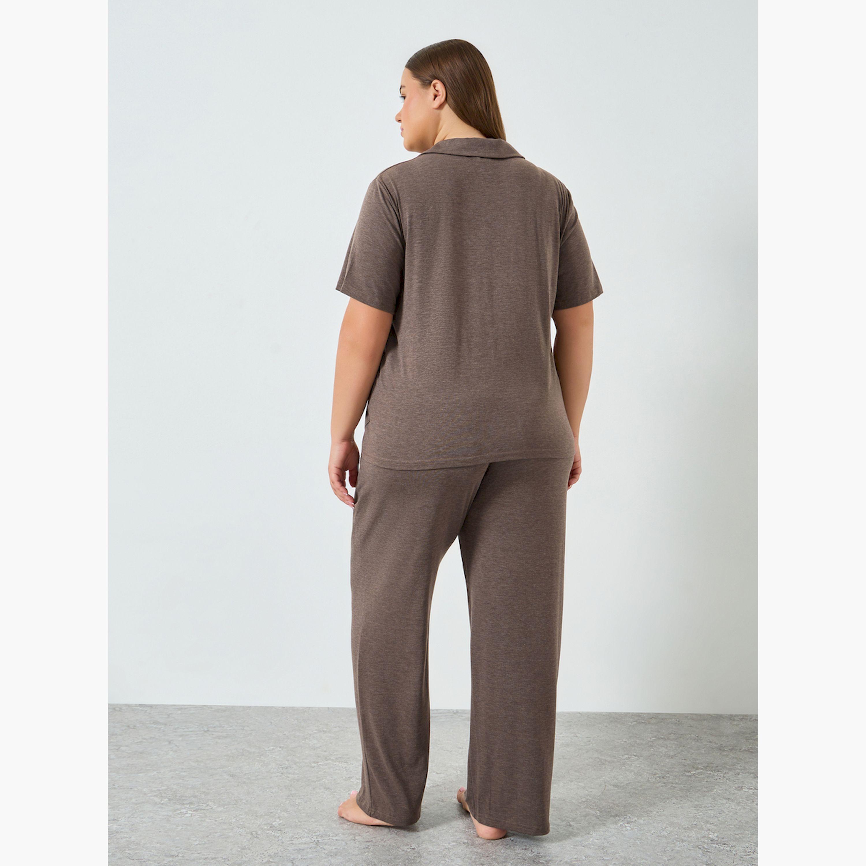 Styli Plus Size Brown Knitted Shirt and Pyjama Set-women-clothing-nightwear-pyjamas-longsets-image-3