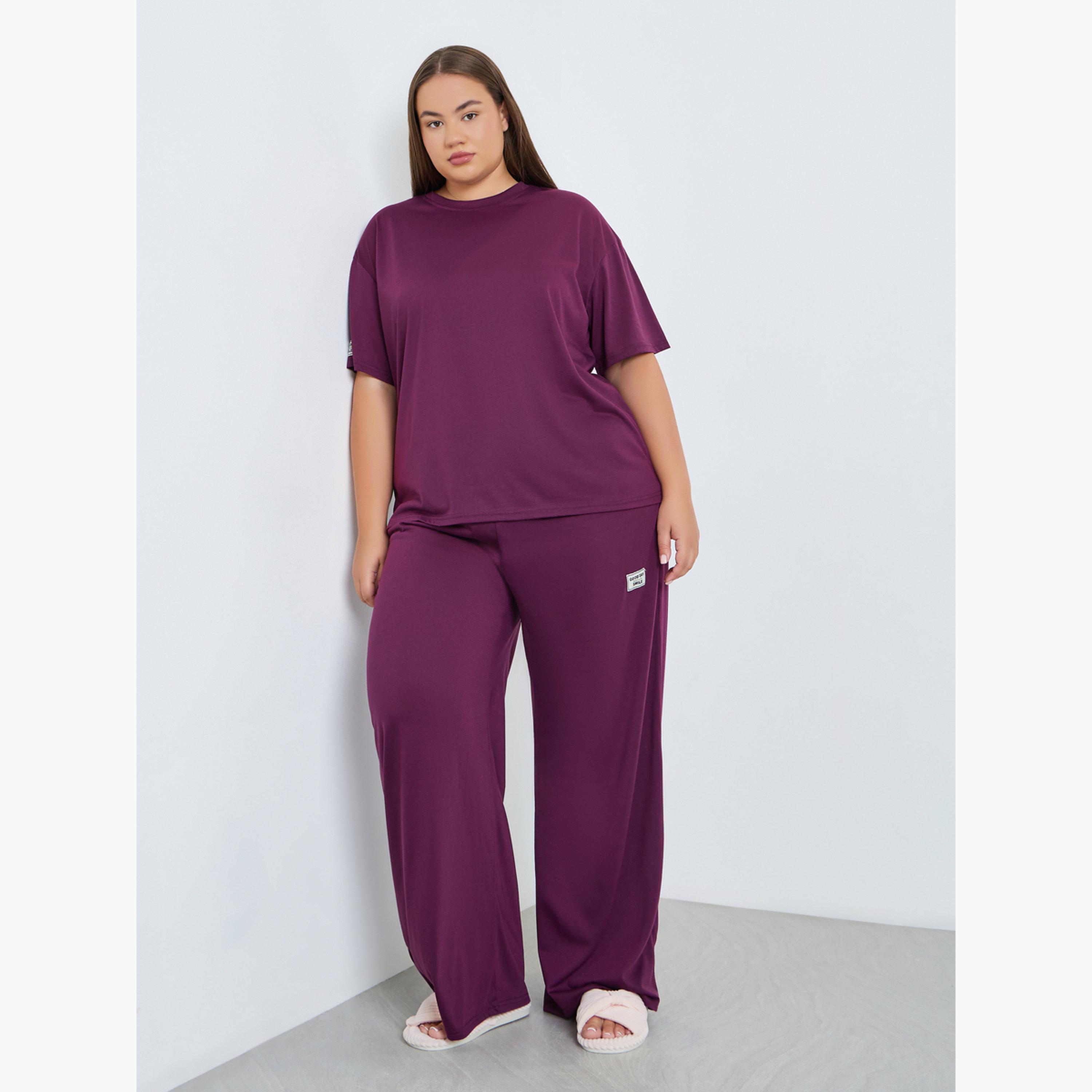 طقم بيجاما وتيشيرت بلون عنابي بمقاسات كبيرة-women-clothing-nightwear-pyjamas-longsets-image-1