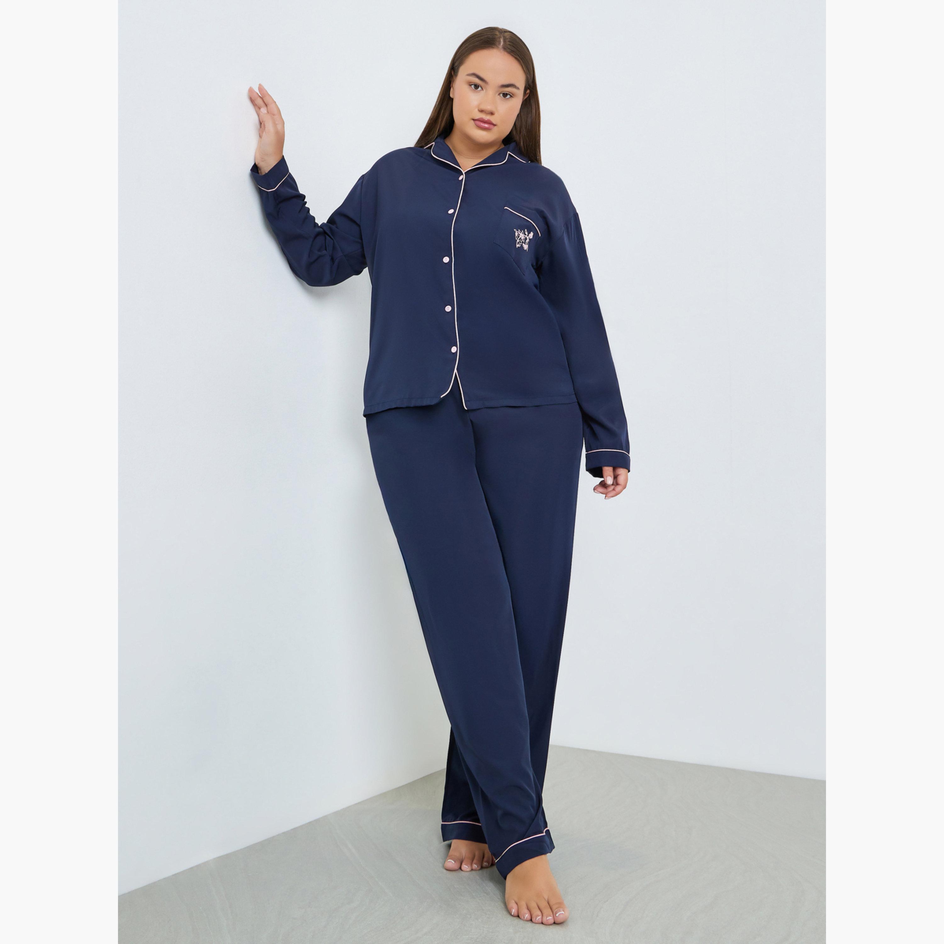 Styli Plus Size Navy Blue Shirt and Pyjama Set-women-clothing-nightwear-pyjamas-longsets-image-1