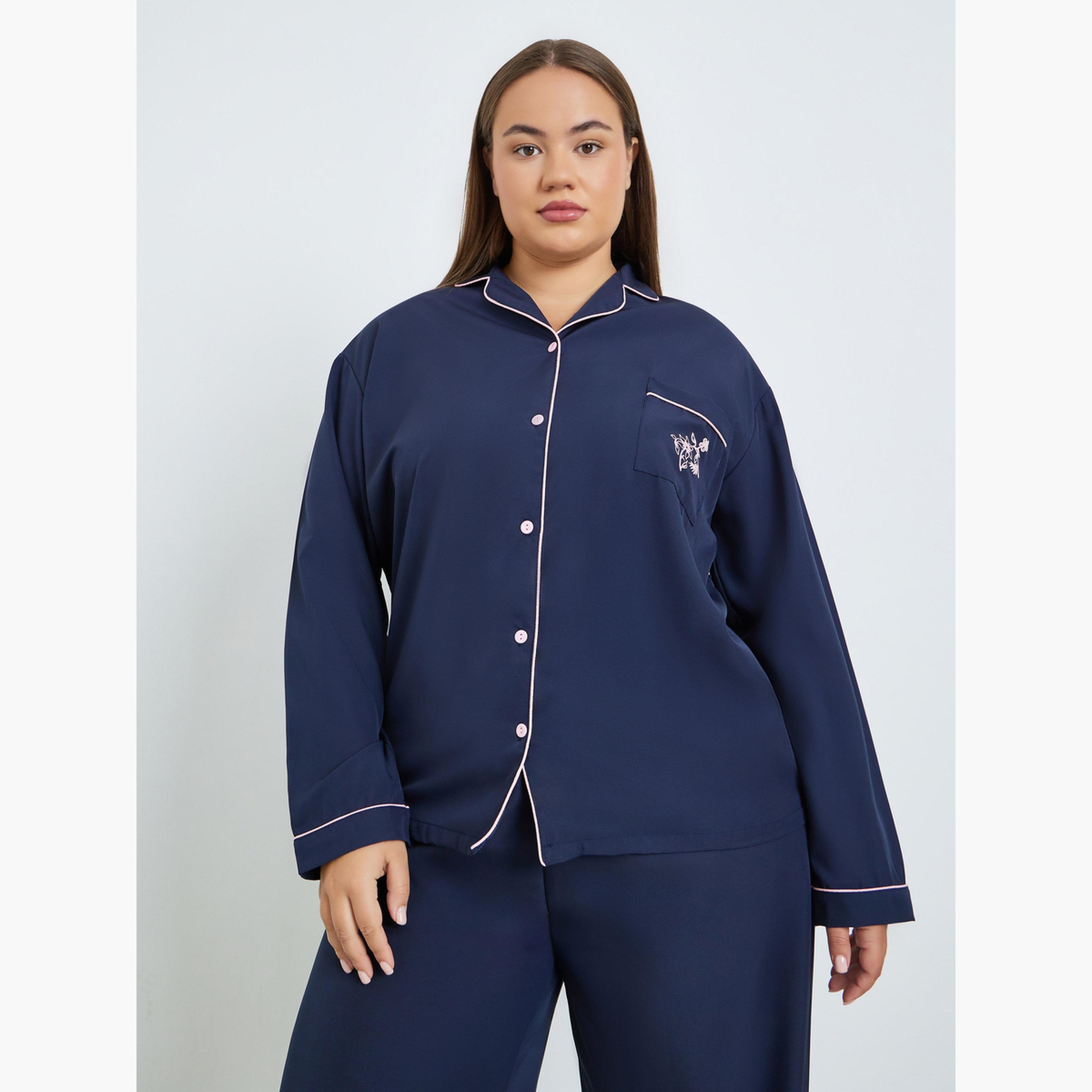 Styli Plus Size Navy Blue Shirt and Pyjama Set-women-clothing-nightwear-pyjamas-longsets-image-2