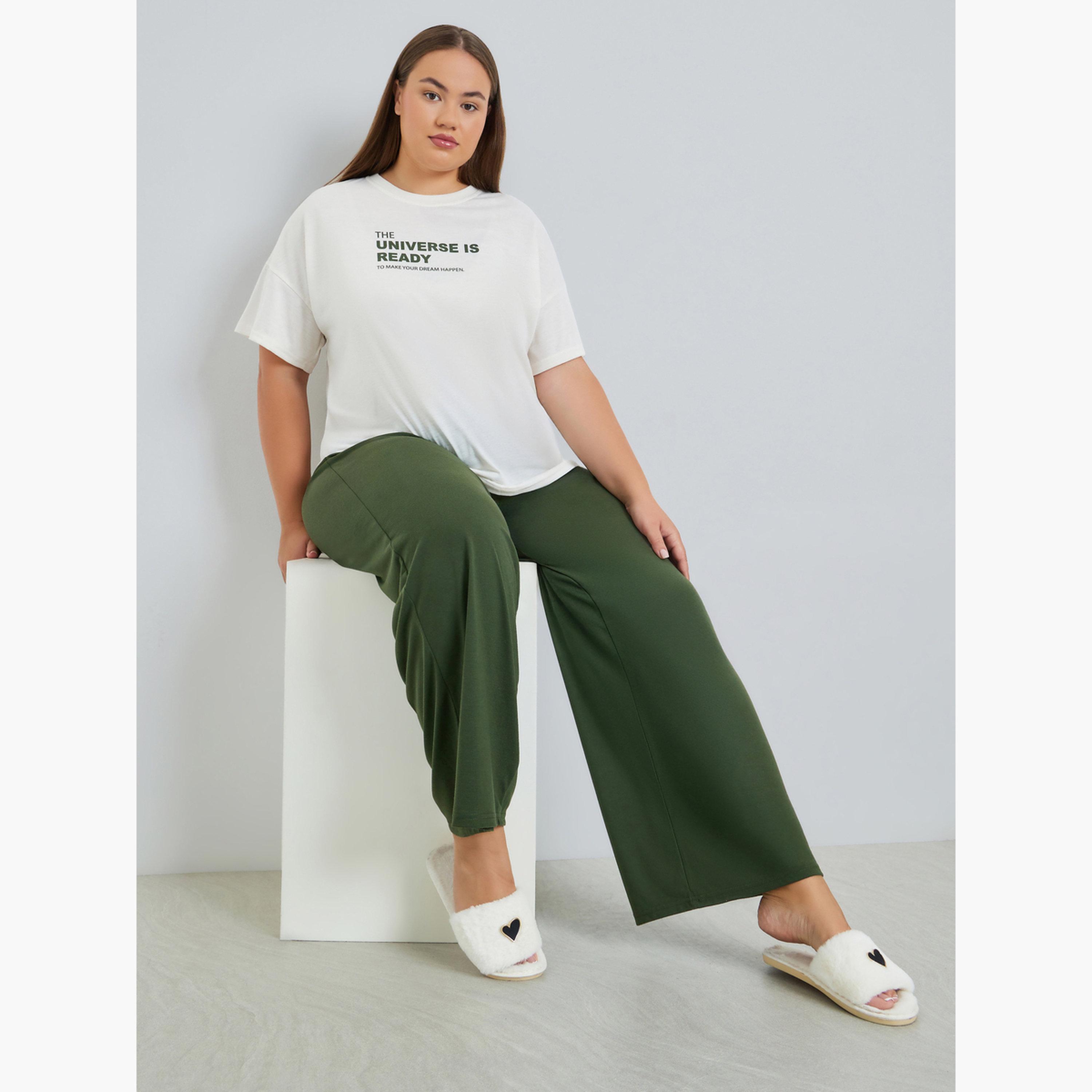 Styli Plus Size Slogan Print T-Shirt and Pyjama Set-women-clothing-nightwear-pyjamas-longsets-image-2
