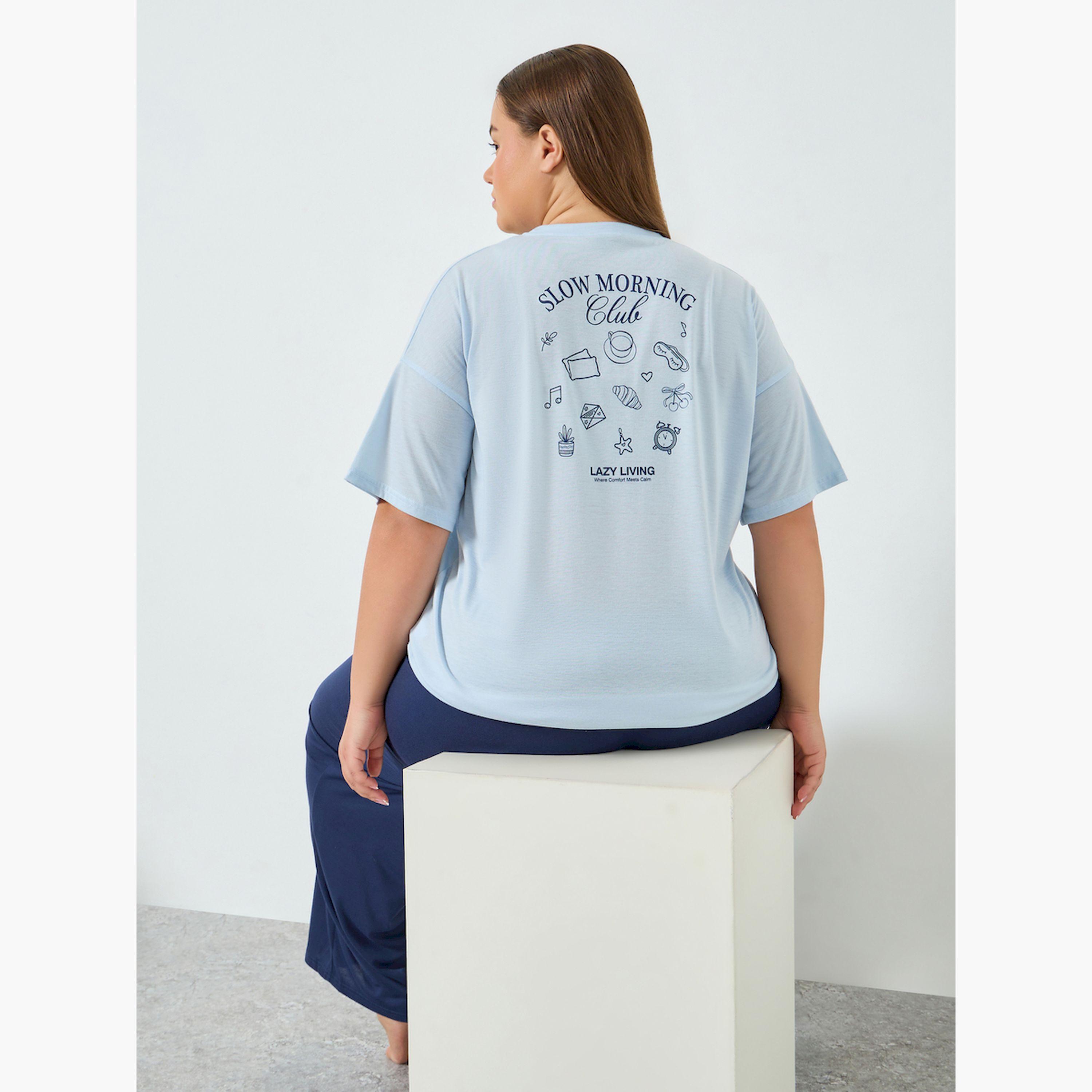 Styli Plus Size Slogan Print T-Shirt and Pyjama Set-women-clothing-nightwear-pyjamas-longsets-image-2