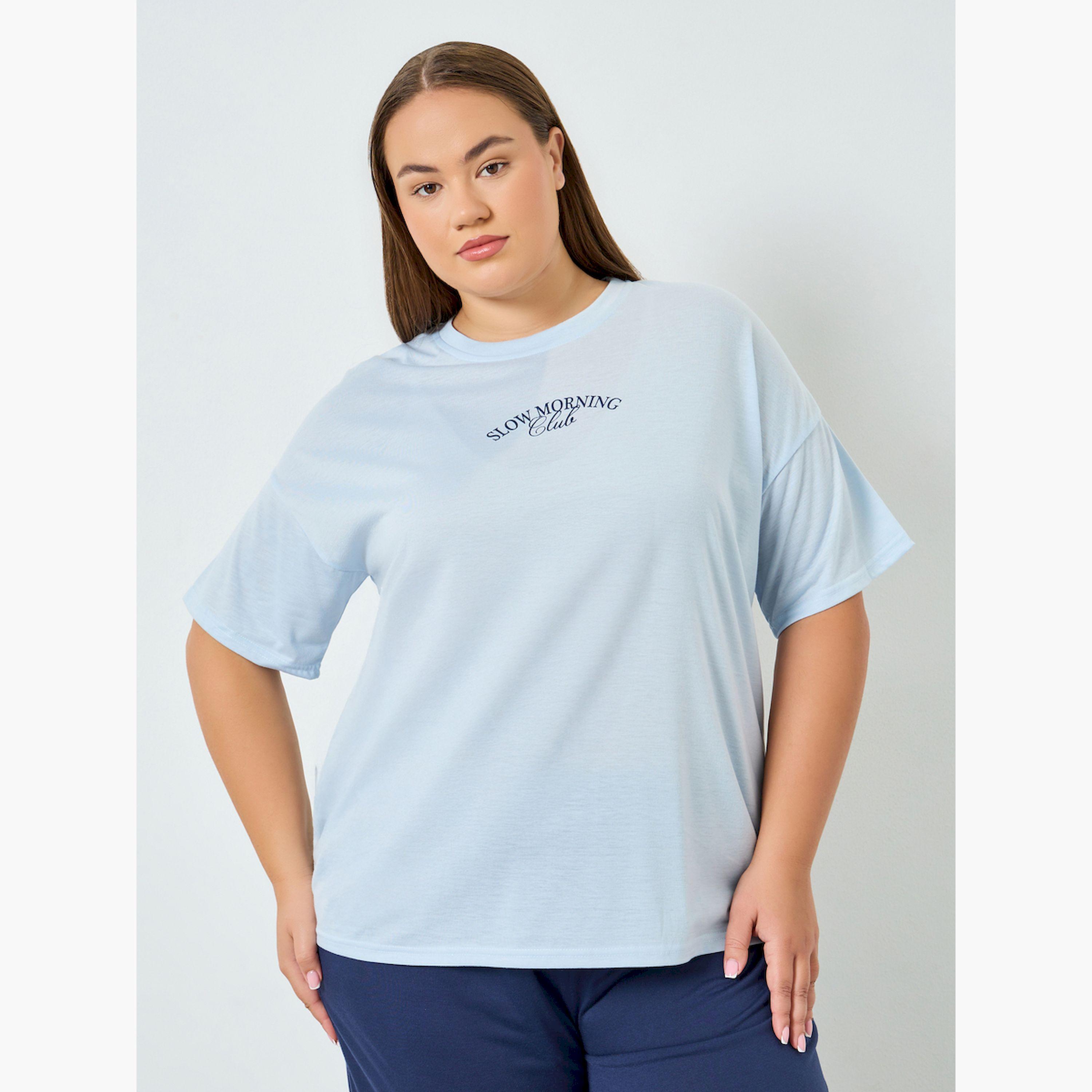 Styli Plus Size Slogan Print T-Shirt and Pyjama Set-women-clothing-nightwear-pyjamas-longsets-image-3
