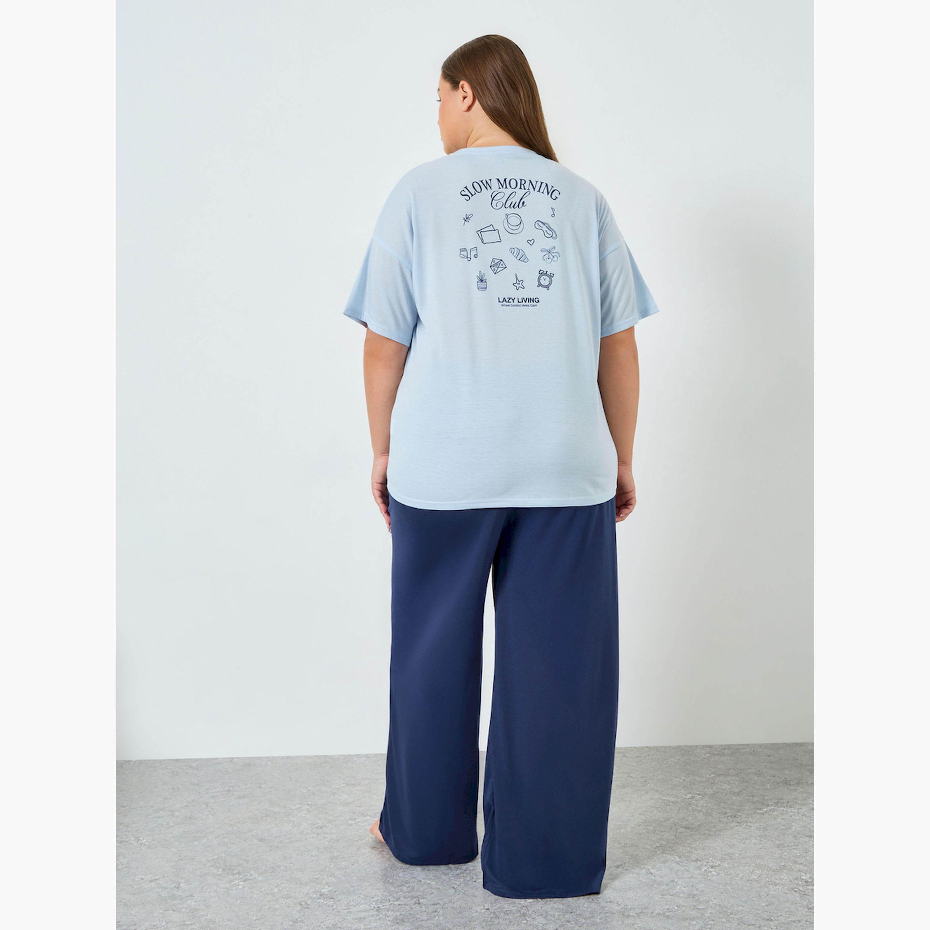 Styli Plus Size Slogan Print T-Shirt and Pyjama Set-women-clothing-nightwear-pyjamas-longsets-image-4