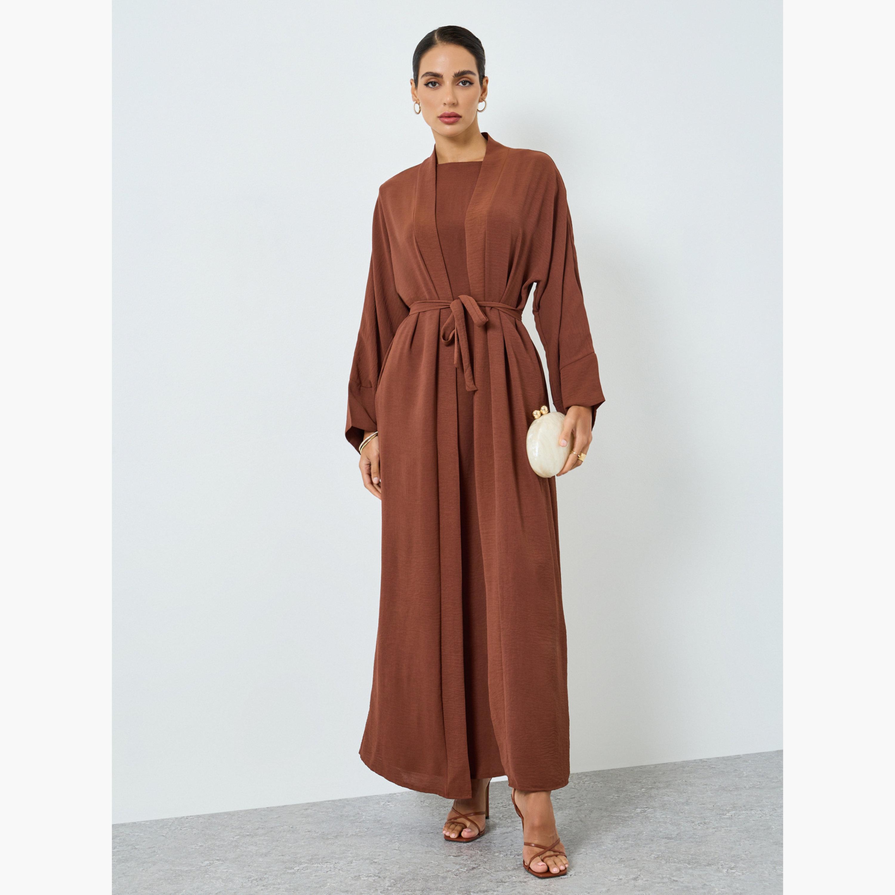 طقم عباية وفستان محتشم بأكمام طويلة سادة للنساء-women-arabicclothing-sets-image-1