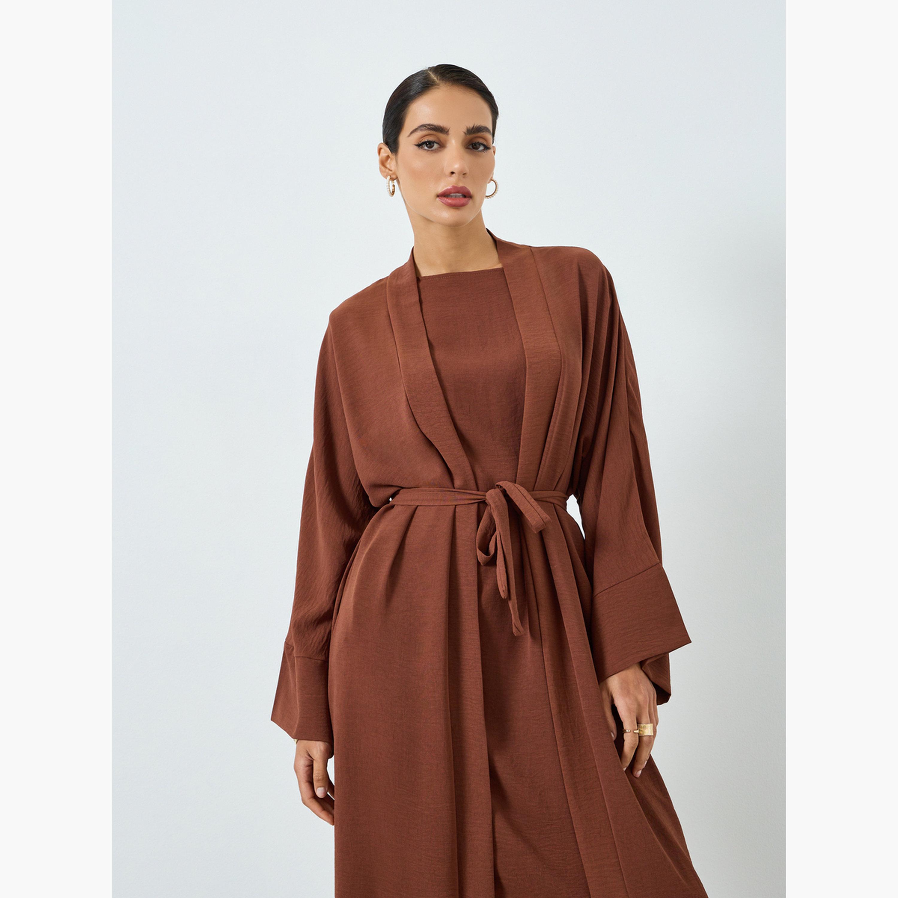 Take Two Women Solid Long Sleeve Abaya and  Dress Modest Set-women-arabicclothing-sets-image-2
