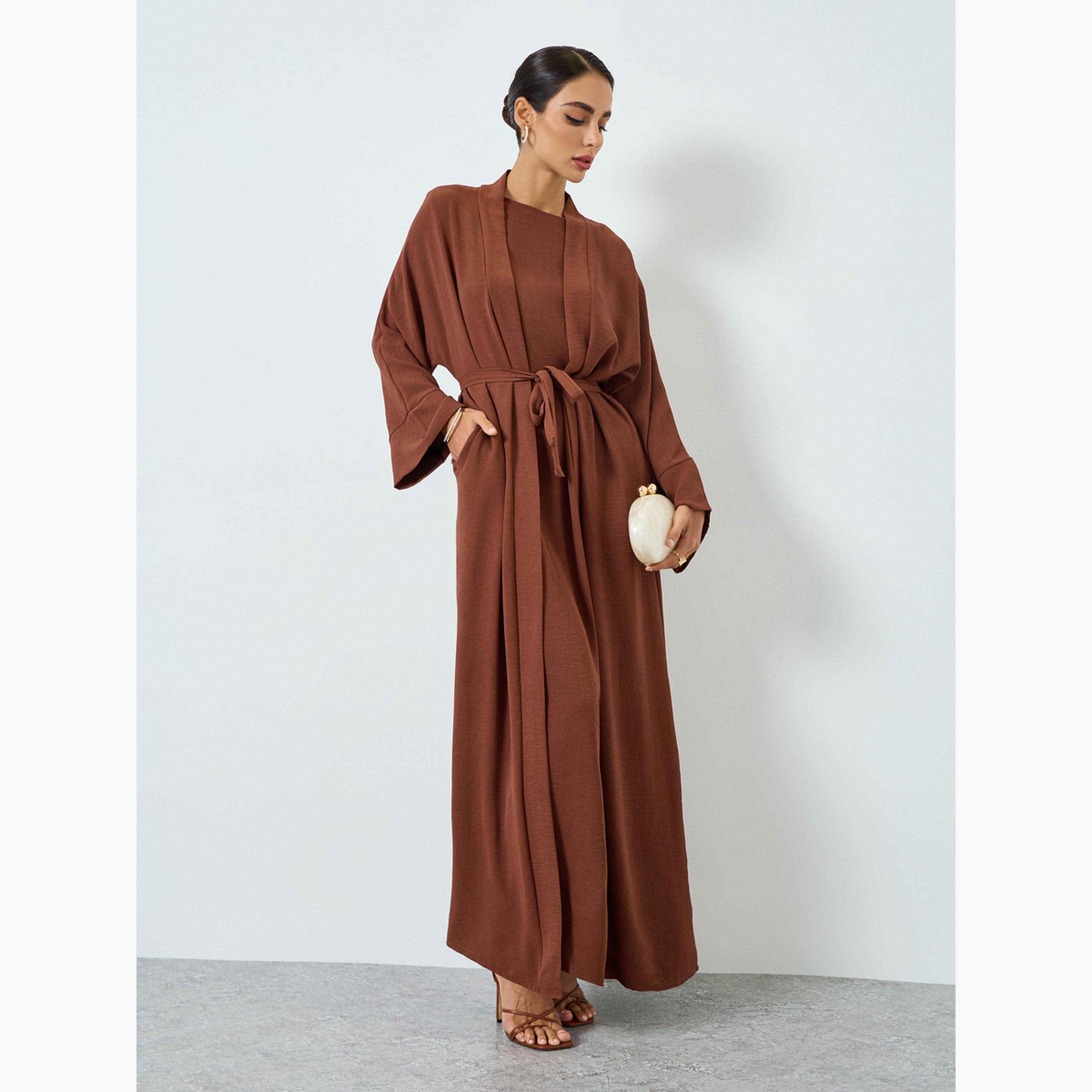 طقم عباية وفستان محتشم بأكمام طويلة سادة للنساء-women-arabicclothing-sets-image-3