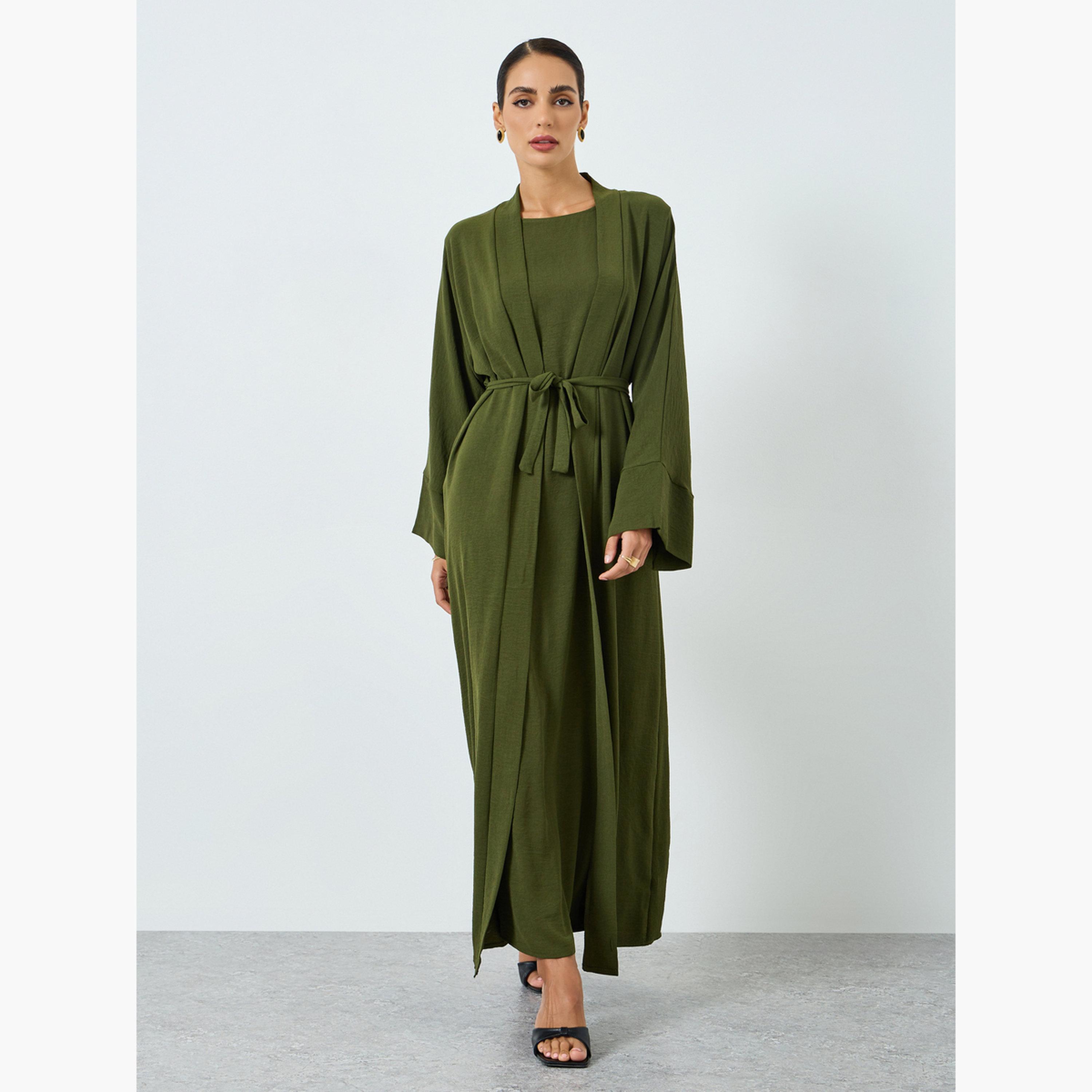 Take Two Women Solid Long Sleeve Abaya and Dress Modest Set-women-arabicclothing-sets-image-1
