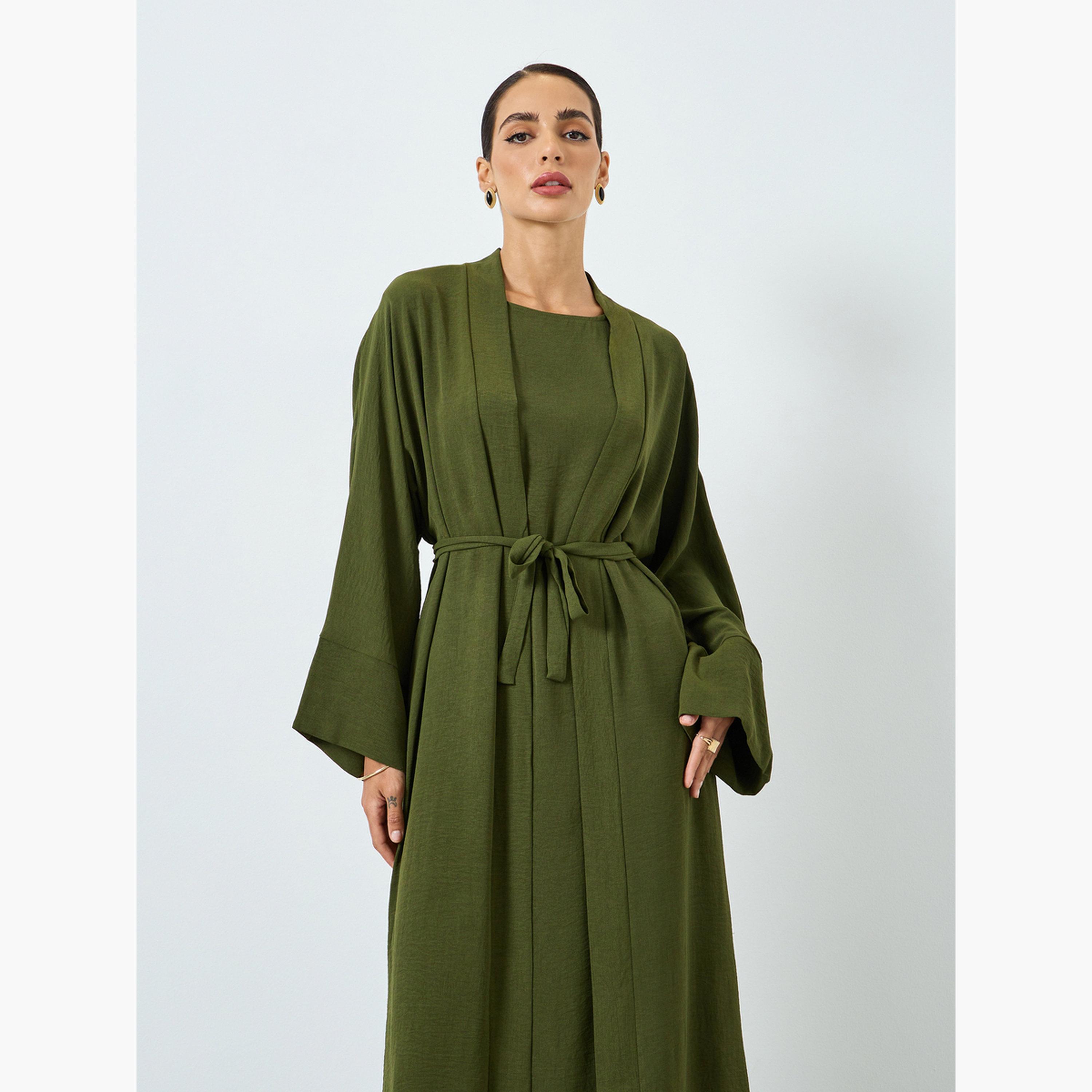 طقم محتشم عباية سادة بأكمام طويلة وفستان-women-arabicclothing-sets-image-2