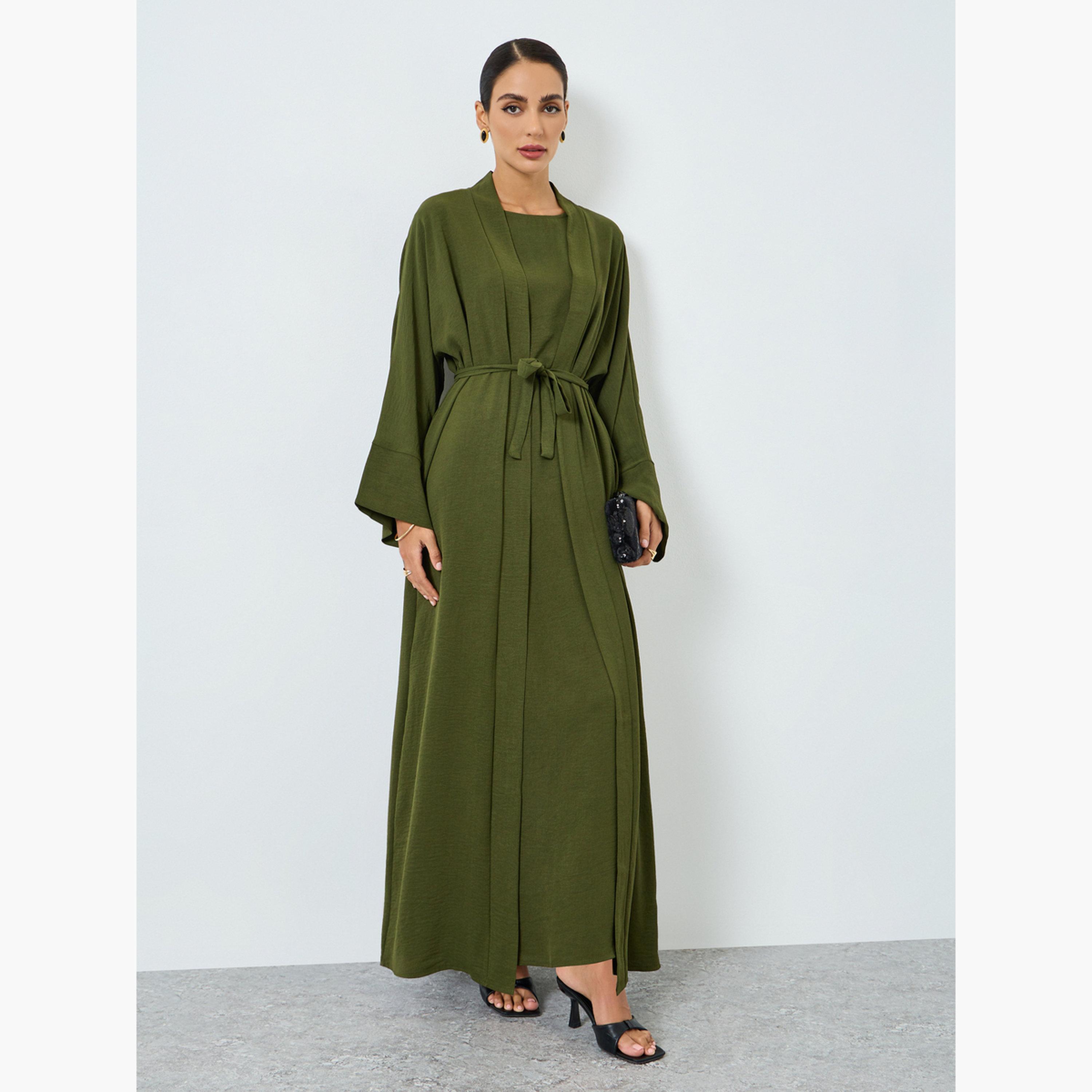 طقم محتشم عباية سادة بأكمام طويلة وفستان-women-arabicclothing-sets-image-3