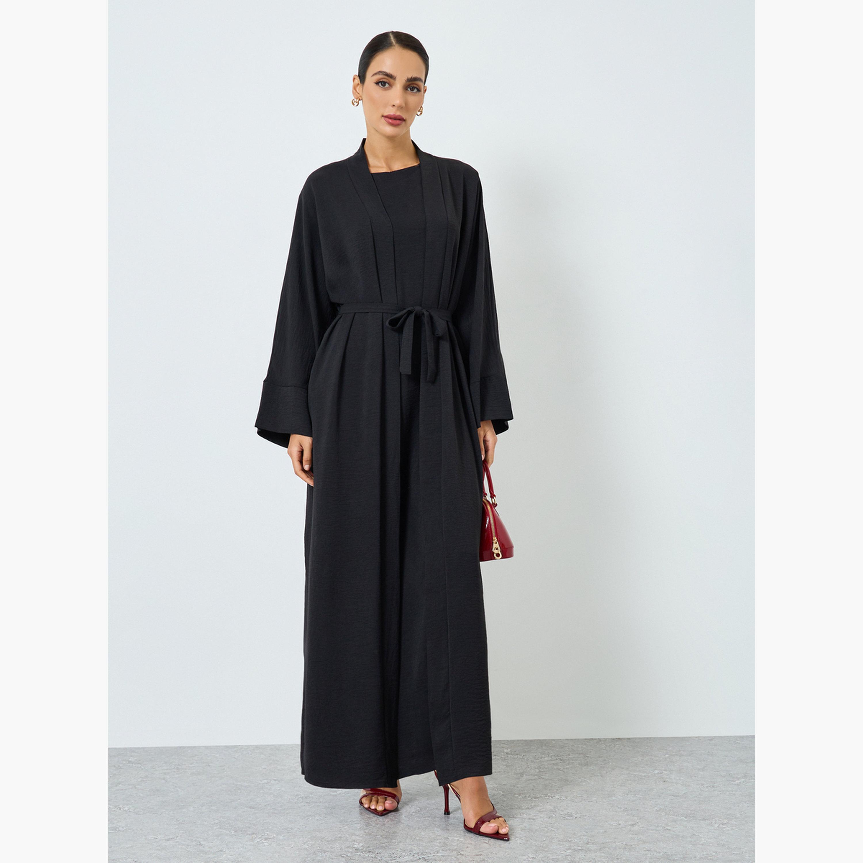 Take Two Women Solid Long Sleeve Abaya and Dress Modest Set-women-arabicclothing-sets-image-1