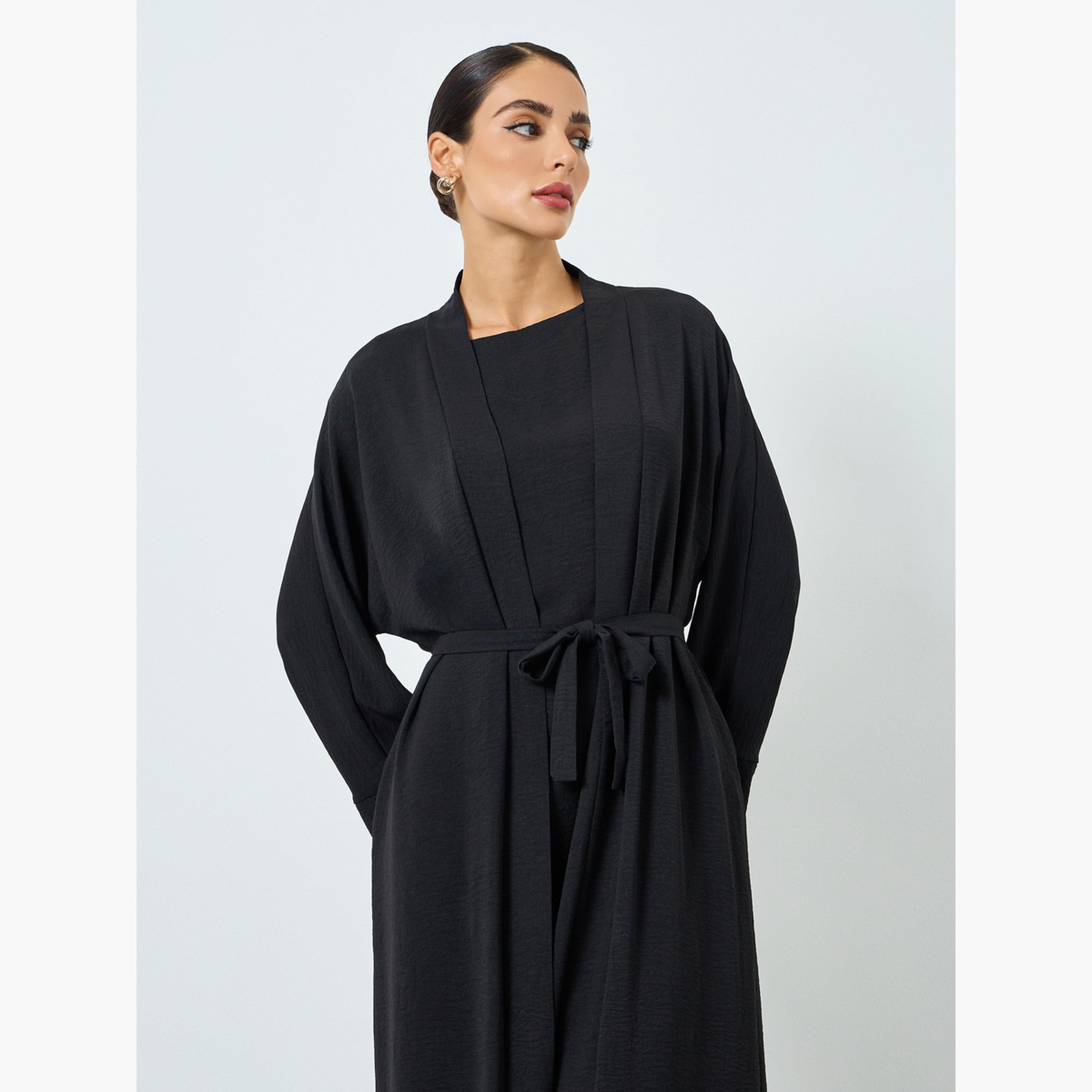 طقم محتشم عباية سادة بأكمام طويلة وفستان-women-arabicclothing-sets-image-2