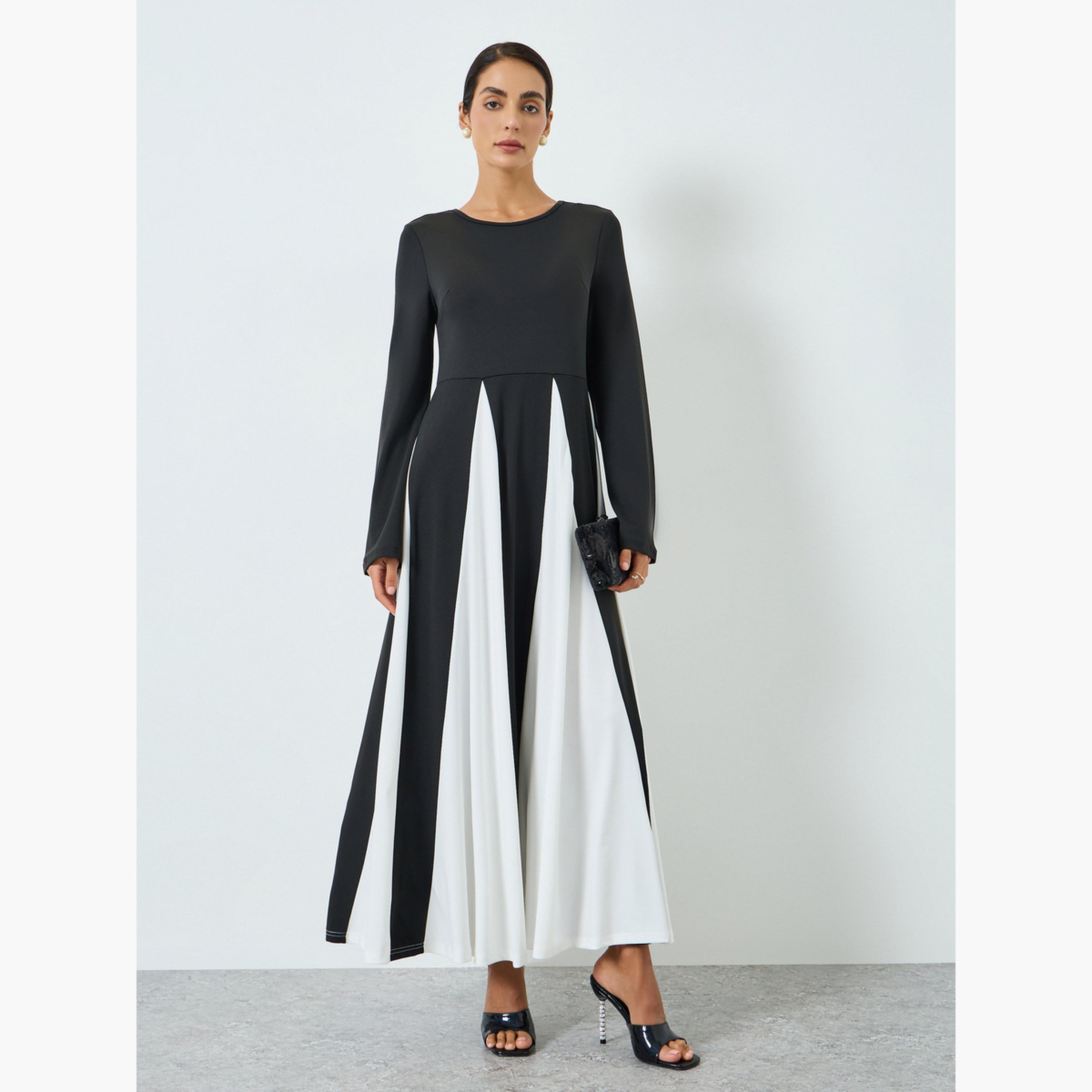 جلابية سوداء بأكمام طويلة وألوان متباينة-women-arabicclothing-jalabiyas-image-1