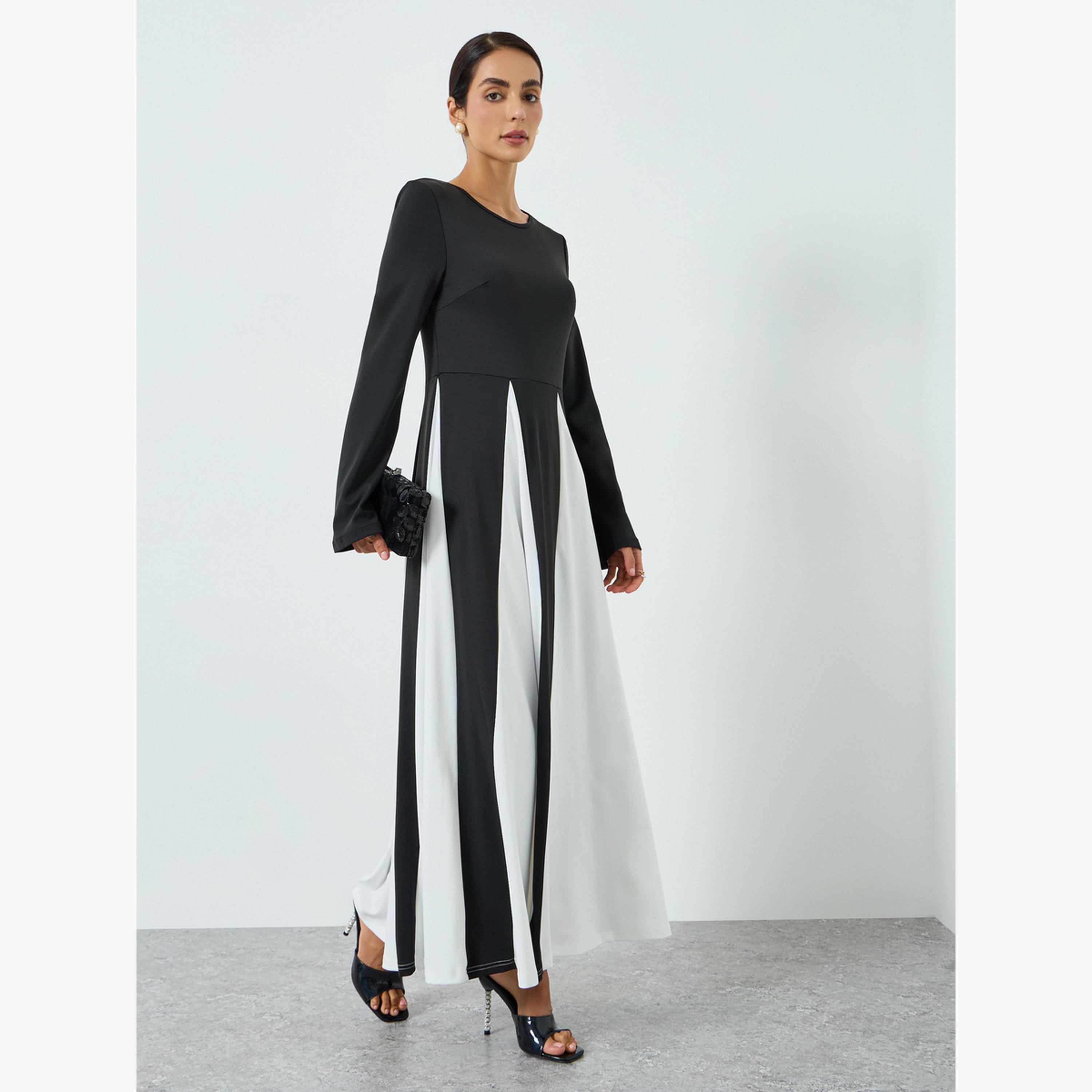 جلابية سوداء بأكمام طويلة وألوان متباينة-women-arabicclothing-jalabiyas-image-2