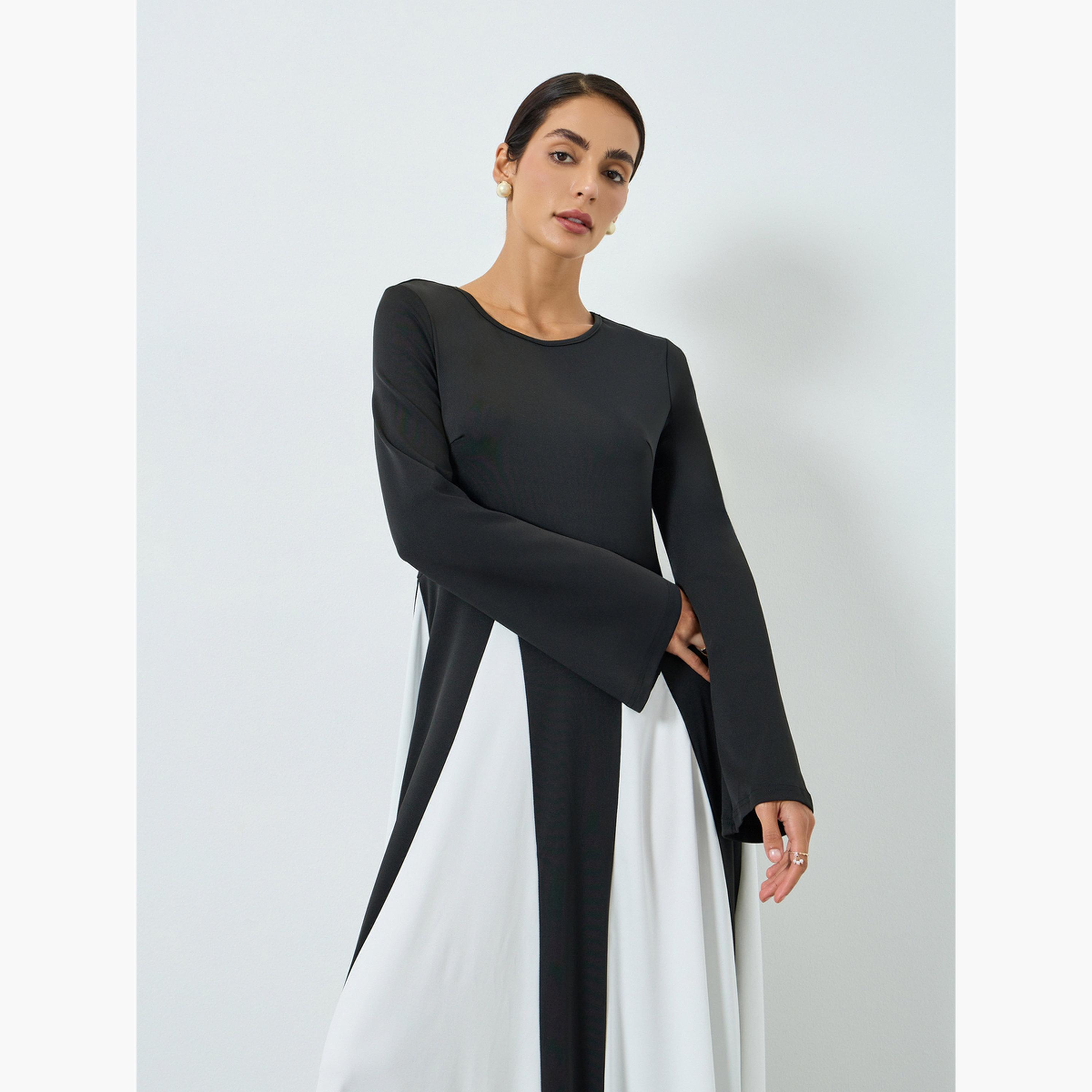 جلابية سوداء بأكمام طويلة وألوان متباينة-women-arabicclothing-jalabiyas-image-5