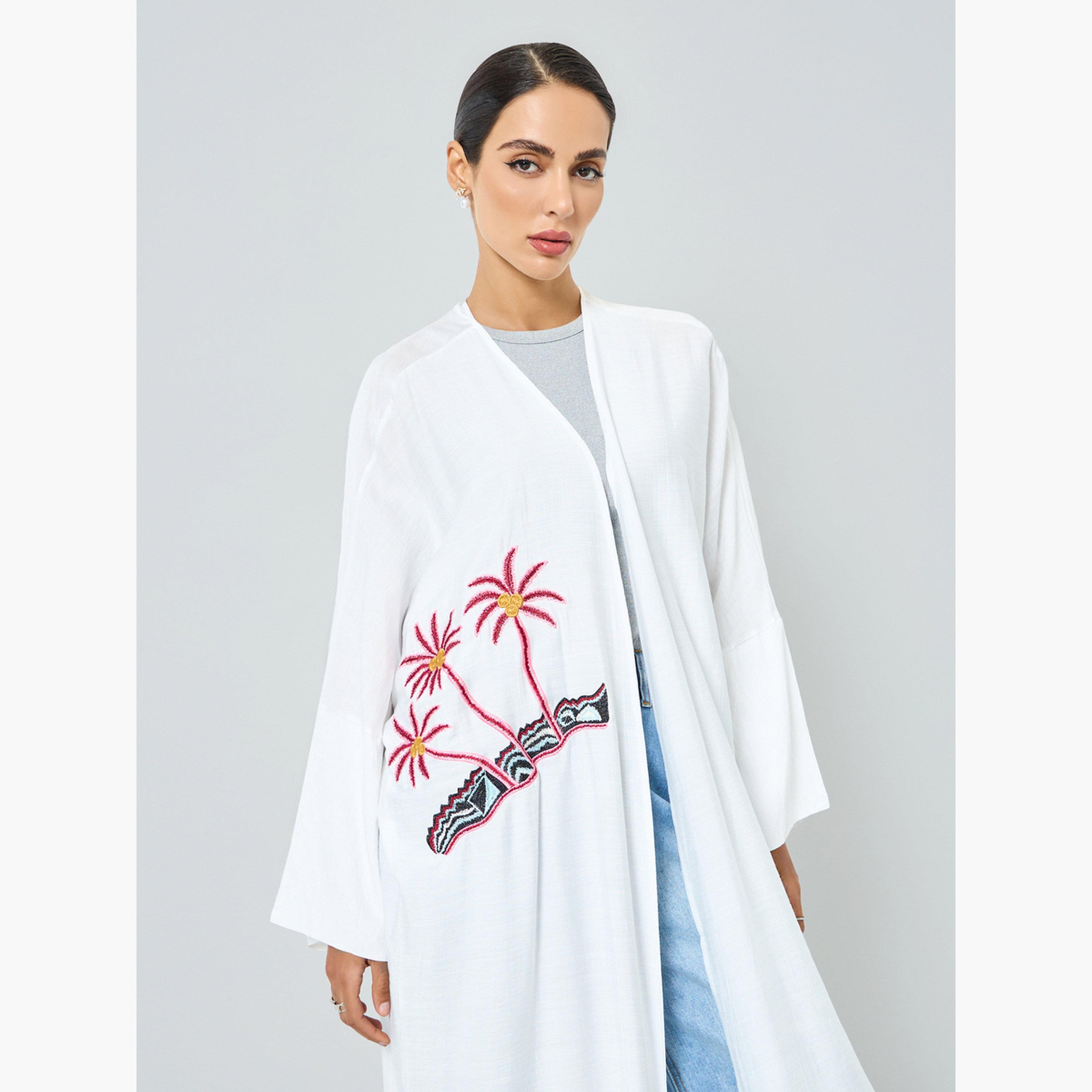 عباية مطرزة بنقشة شجر جوز الهند وأكمام طويلة-women-arabicclothing-abayas-image-2
