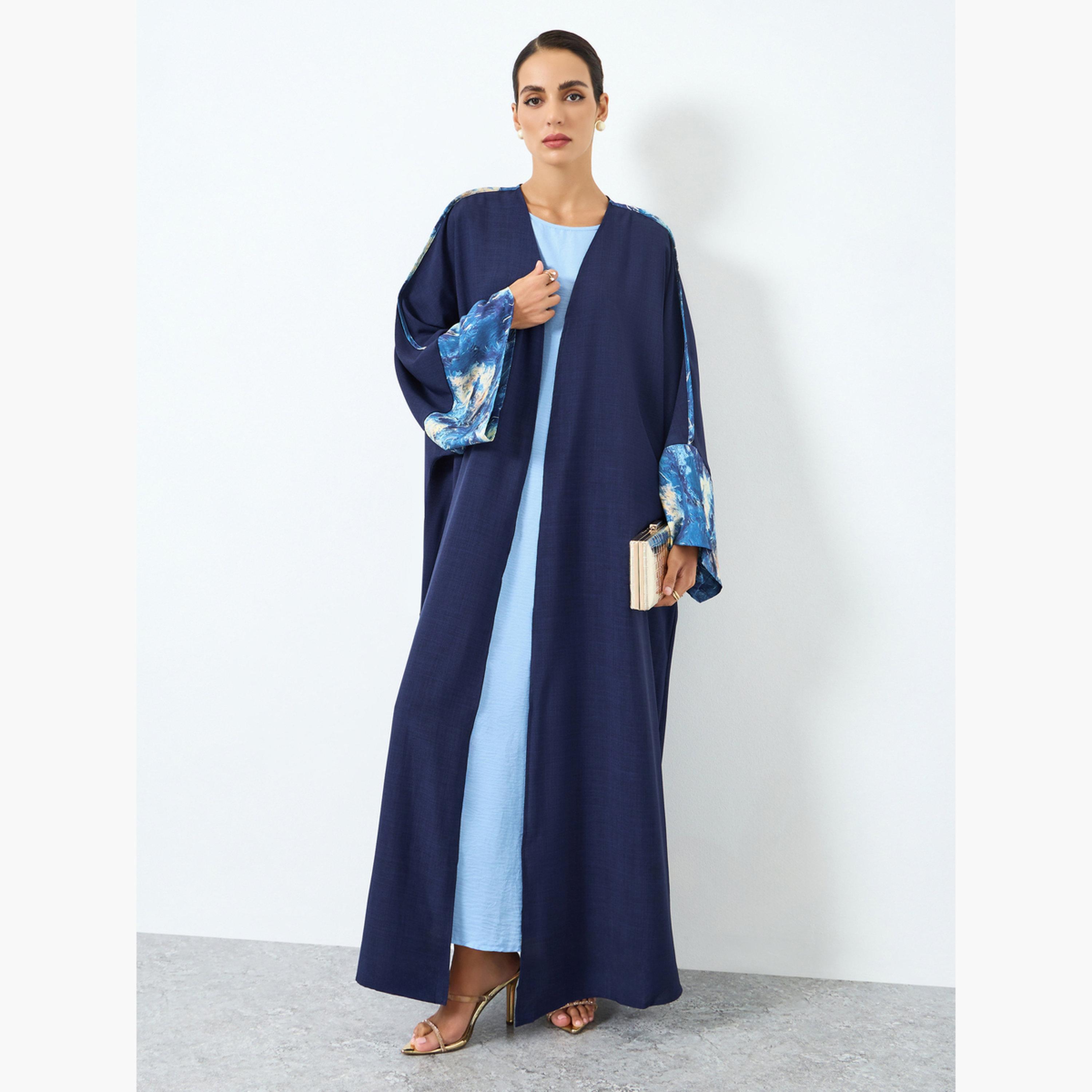 Take Two Women Blue Contrast Print Long Sleeve Abaya-women-arabicclothing-abayas-image-1
