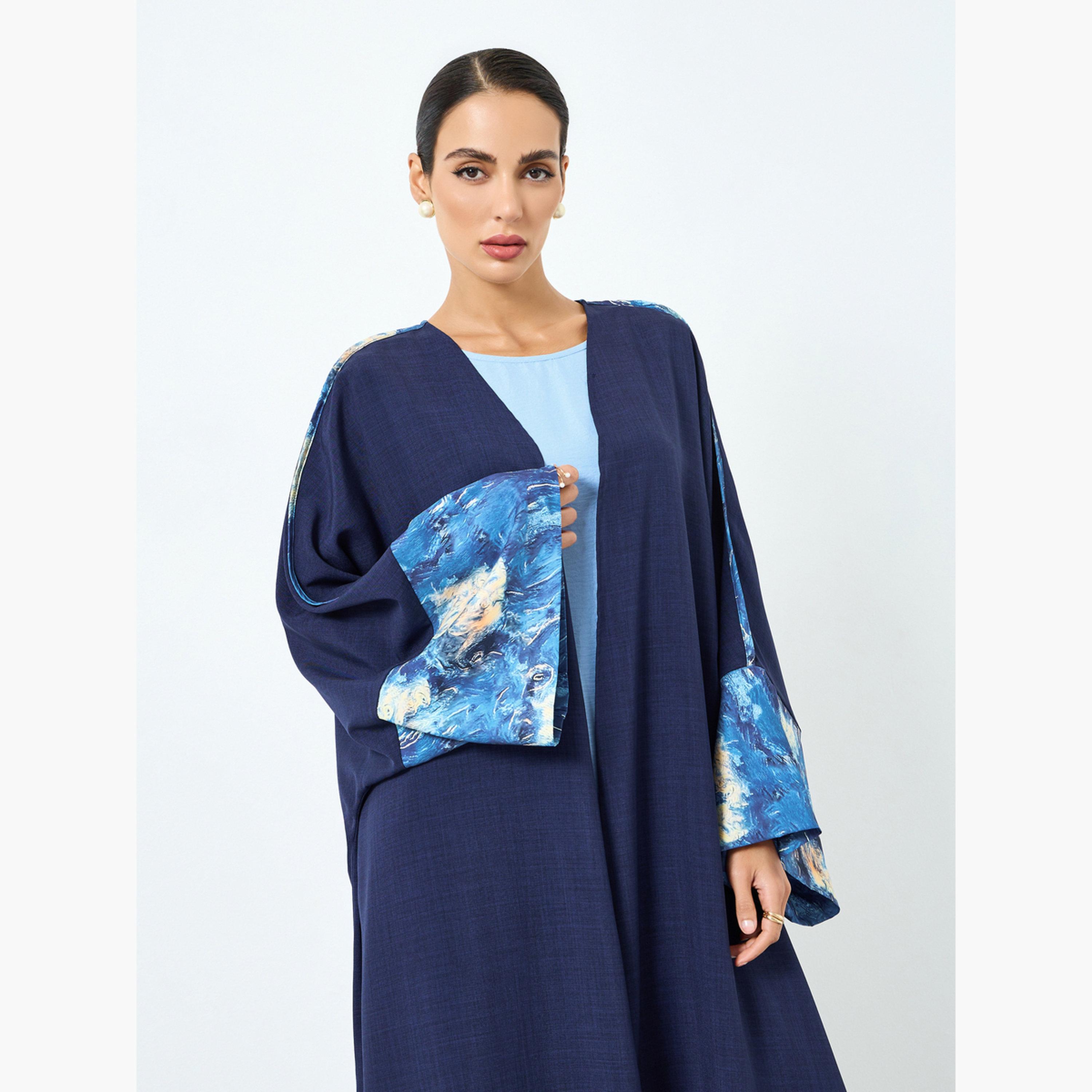 Take Two Women Blue Contrast Print Long Sleeve Abaya-women-arabicclothing-abayas-image-2