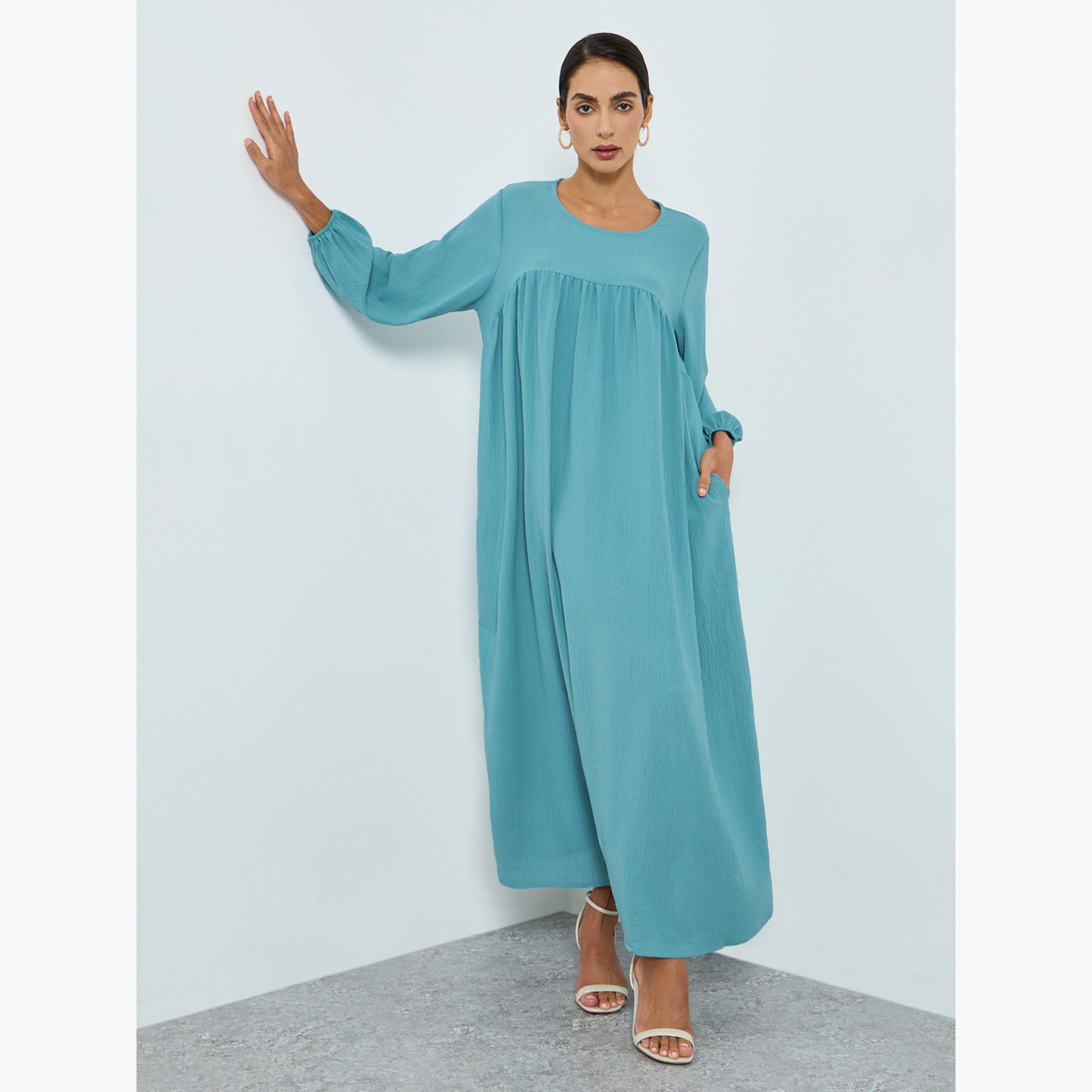 Take Two Women Teal Pleated Detail Jalabiya-women-arabicclothing-jalabiyas-image-1