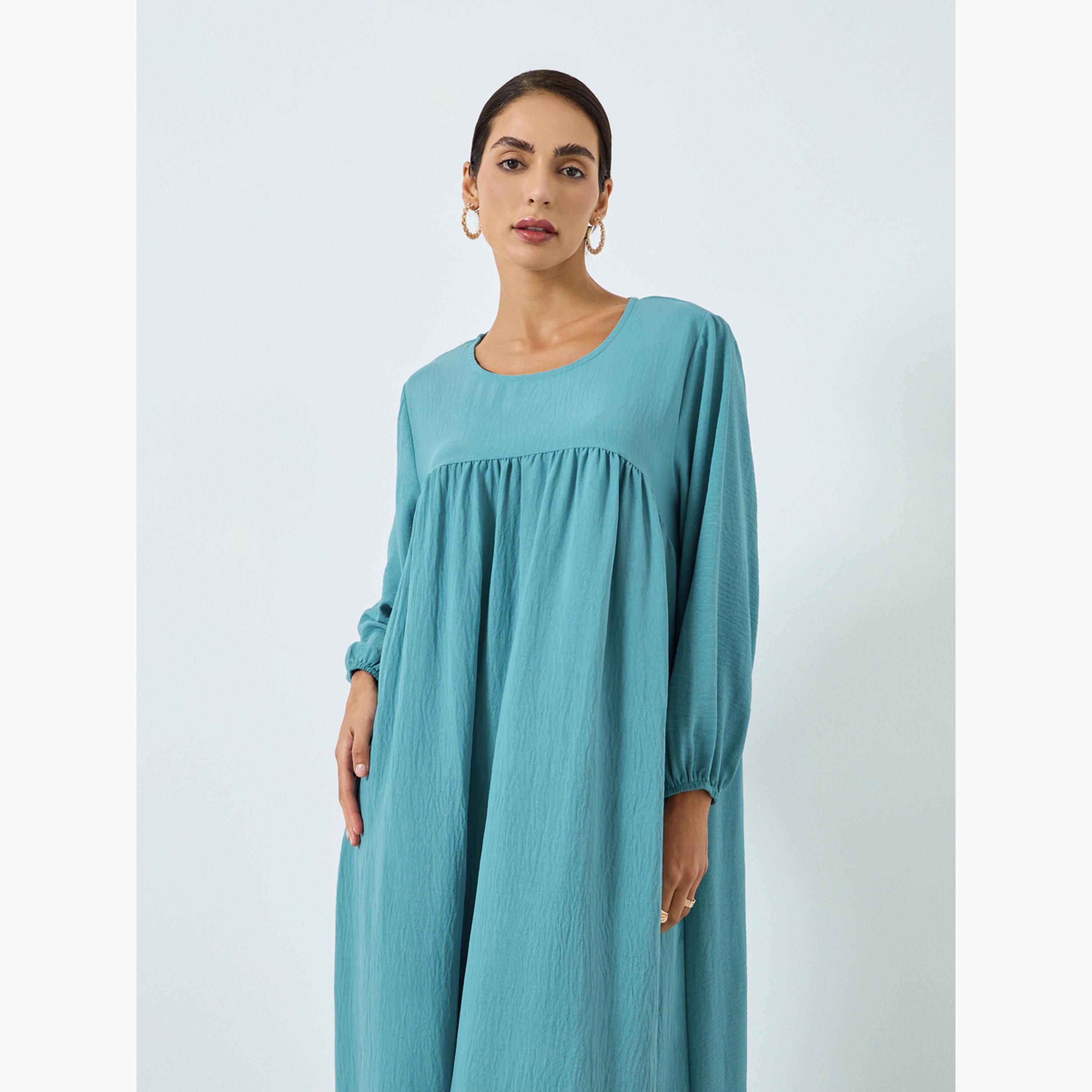 جلابية تركواز غامق بتفاصيل كسرات للنساء-women-arabicclothing-jalabiyas-image-2