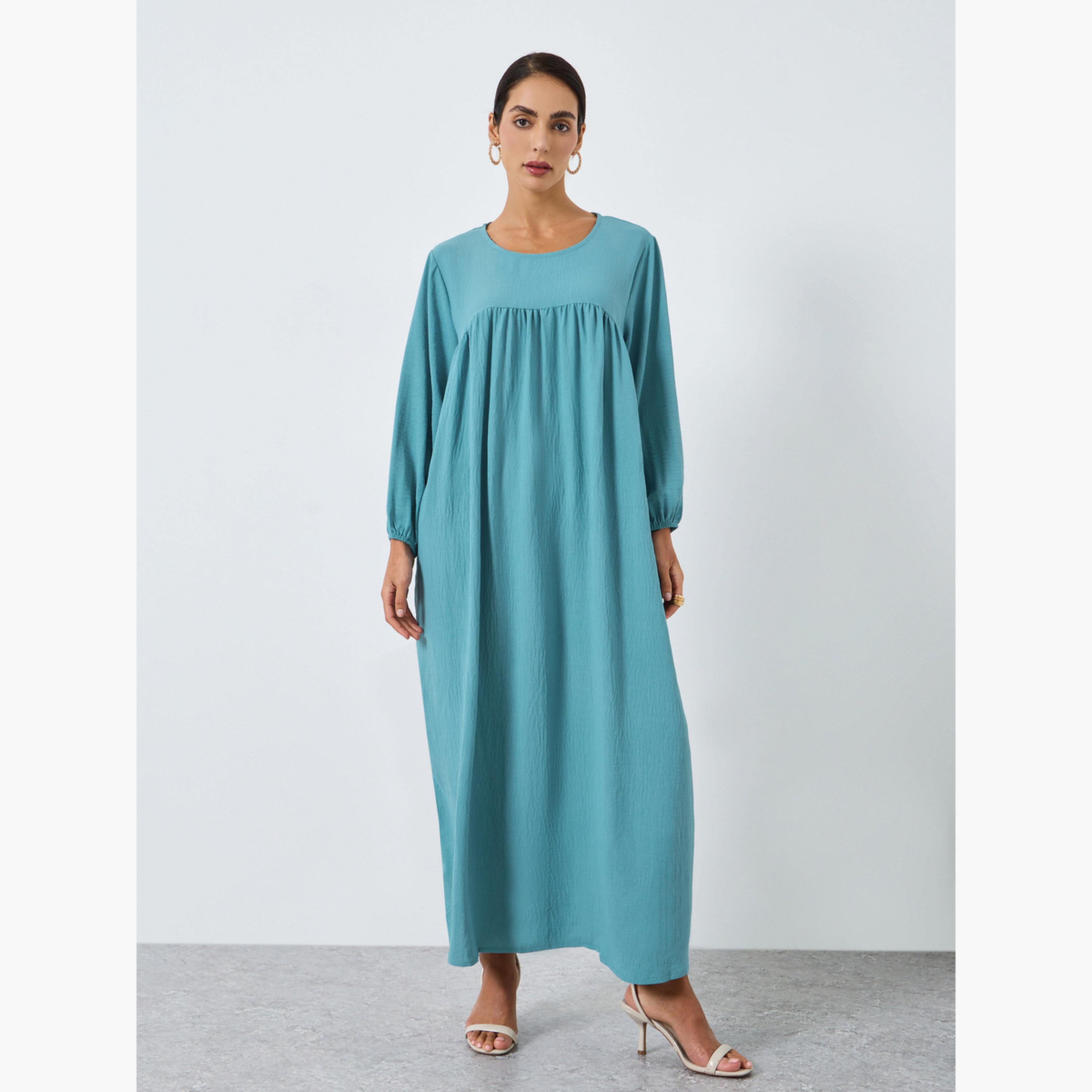 جلابية تركواز غامق بتفاصيل كسرات للنساء-women-arabicclothing-jalabiyas-image-3
