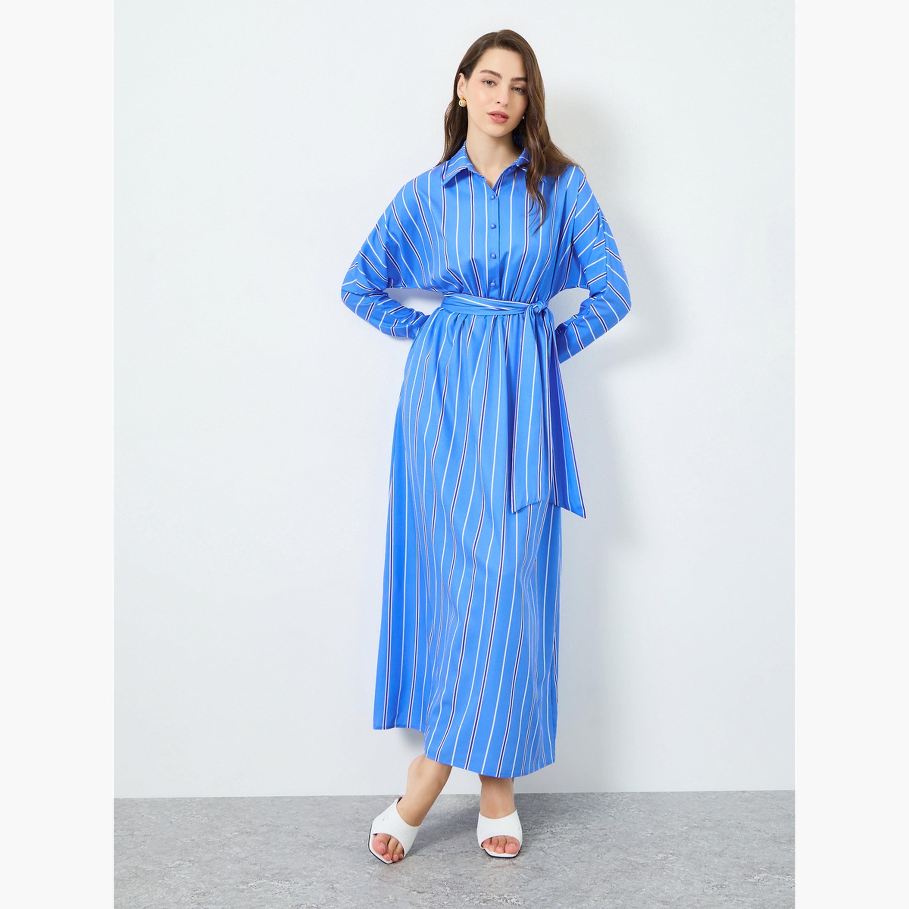 جلابية بأكمام طويلة ومخططة مع حزام للنساء-women-arabicclothing-jalabiyas-image-1