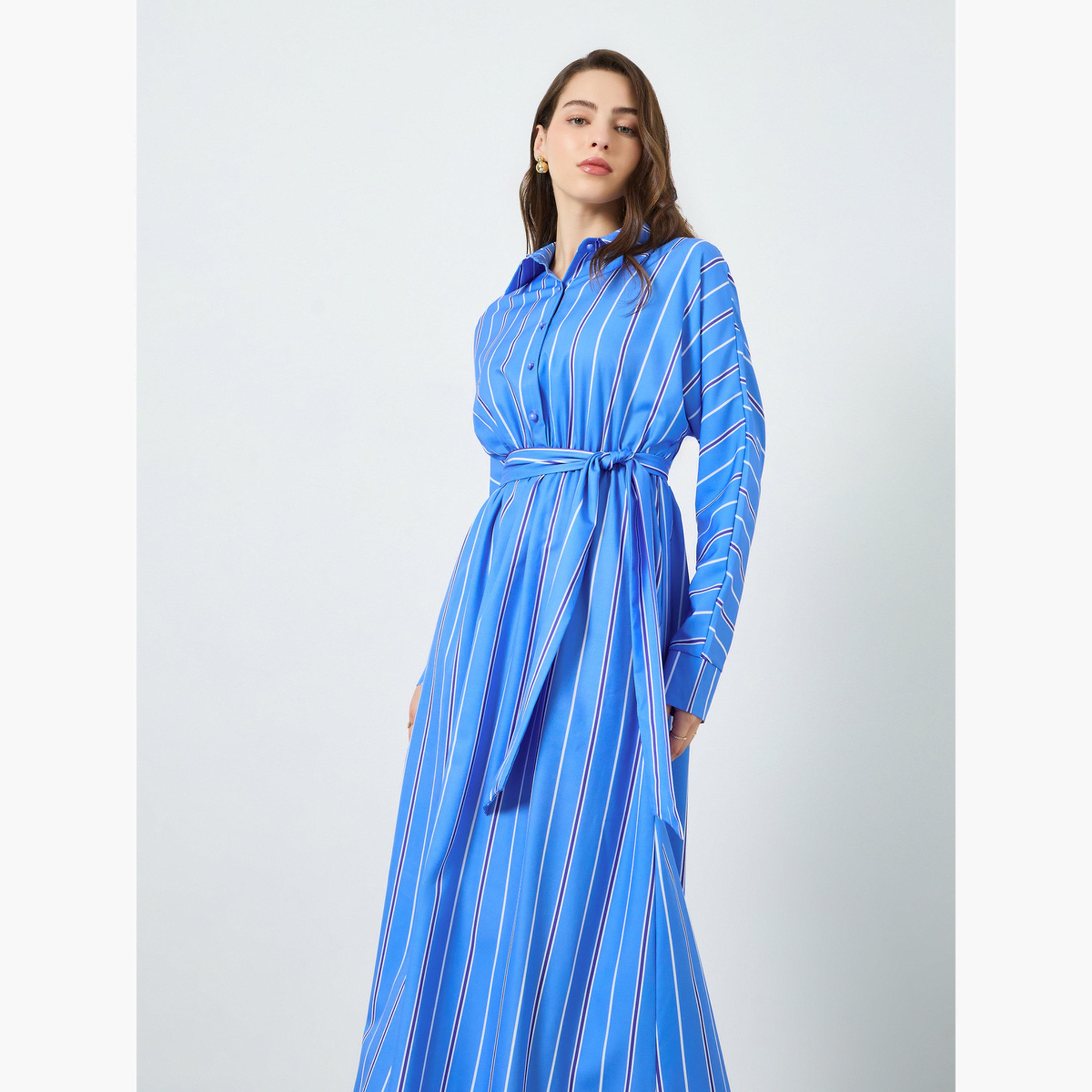 Take Two Women Blue Striped Belted Long Sleeve Jalabiya-women-arabicclothing-jalabiyas-image-2