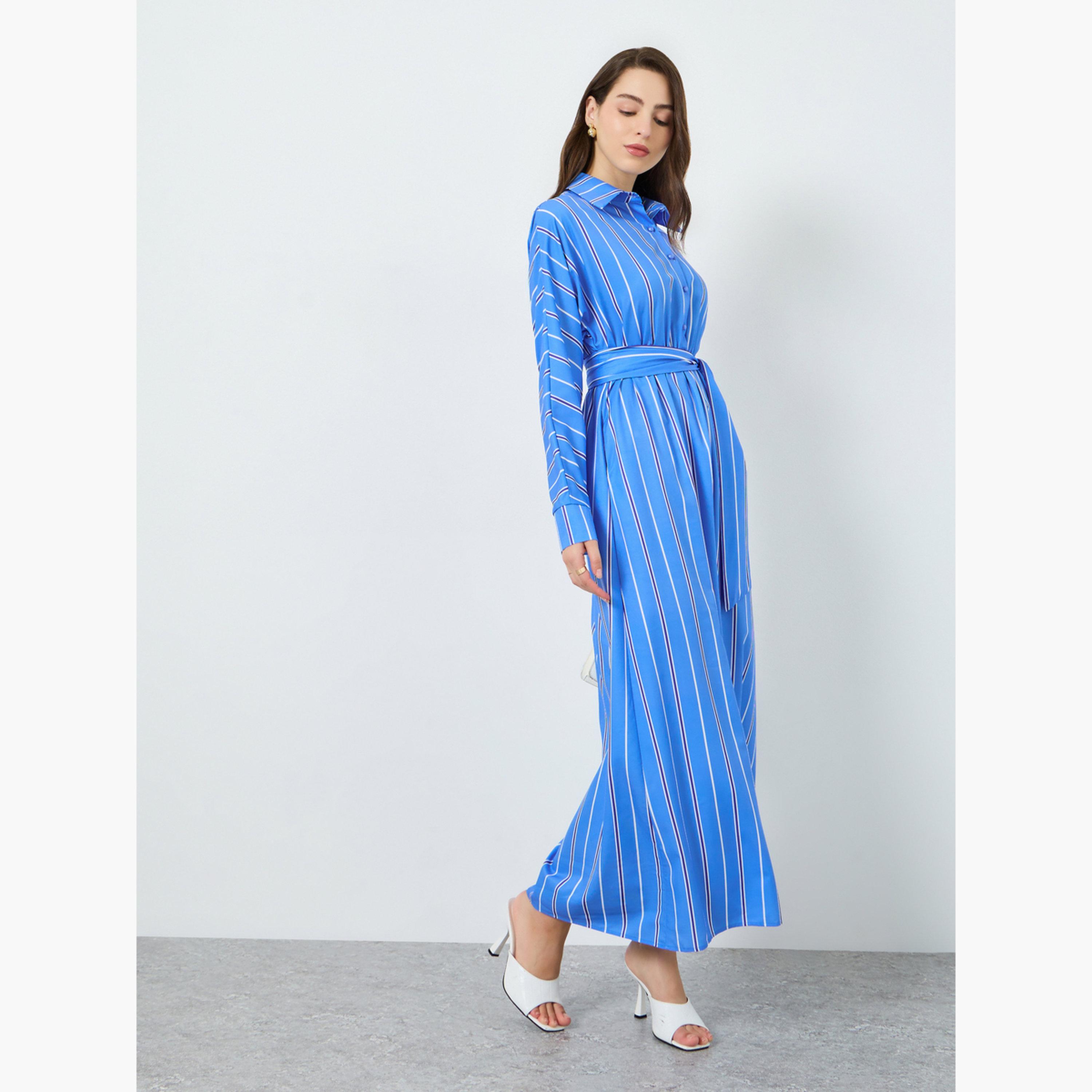 Take Two Women Blue Striped Belted Long Sleeve Jalabiya-women-arabicclothing-jalabiyas-image-3