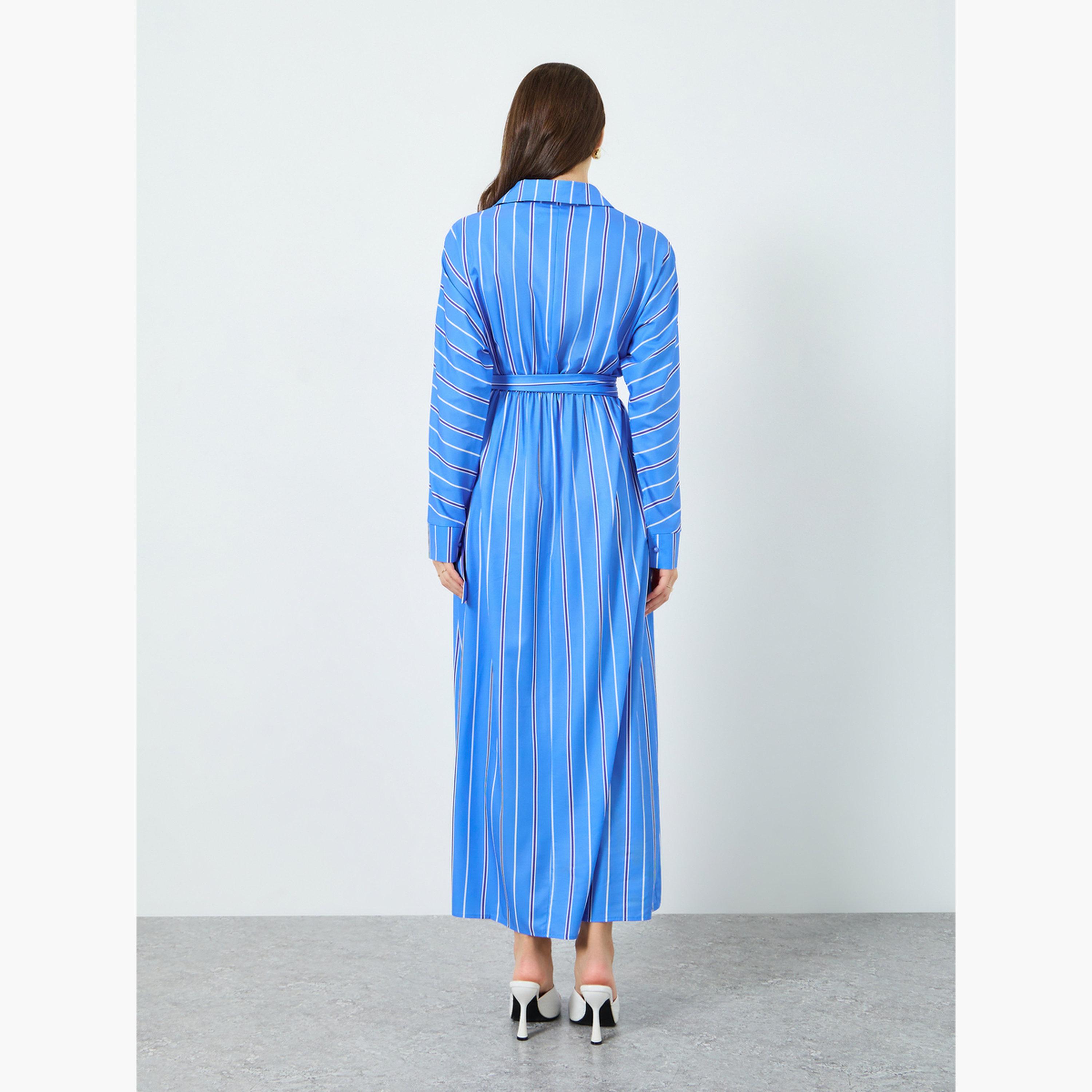 Take Two Women Blue Striped Belted Long Sleeve Jalabiya-women-arabicclothing-jalabiyas-image-5