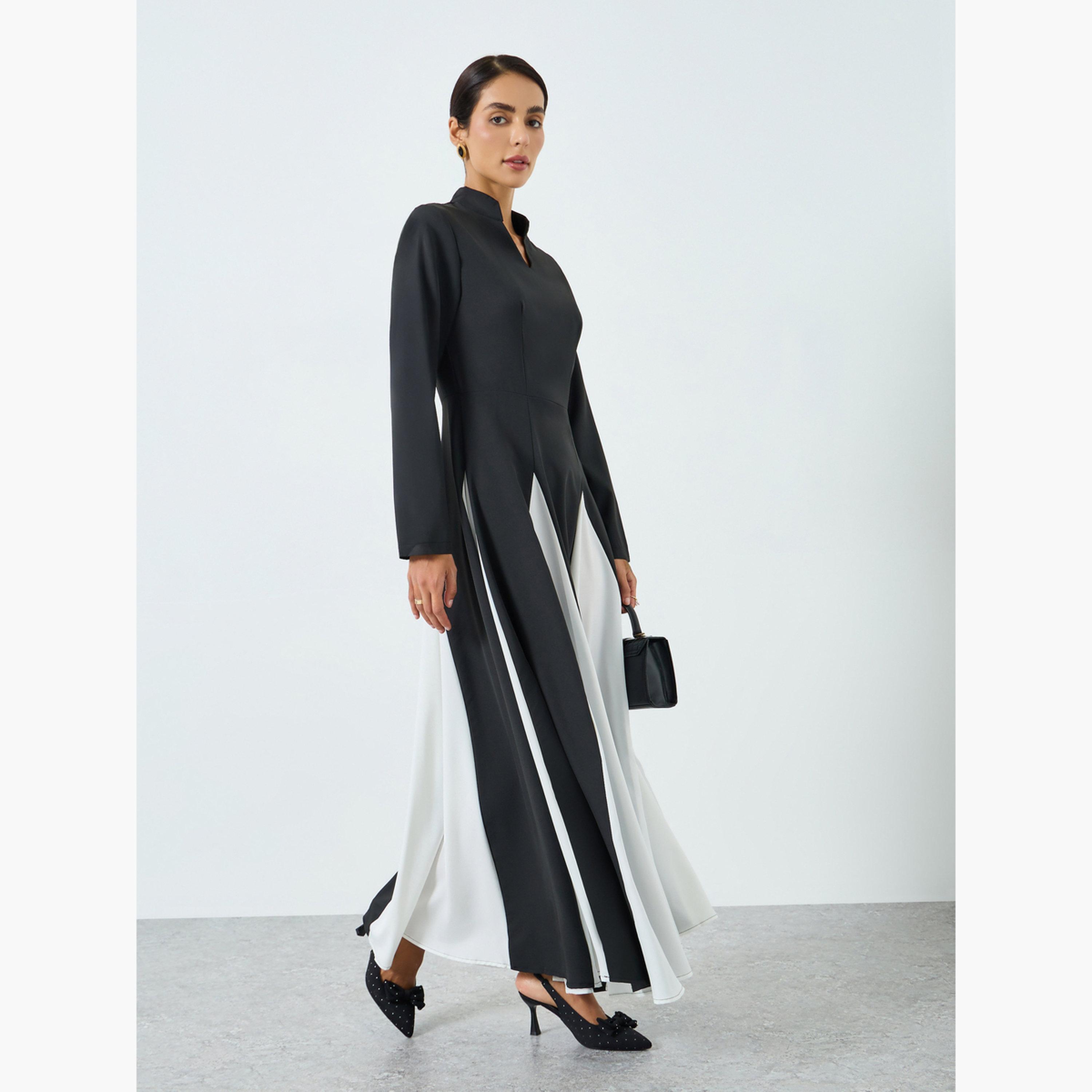 جلابية بأكمام طويلة وياقة وألوان متباينة-women-arabicclothing-jalabiyas-image-3