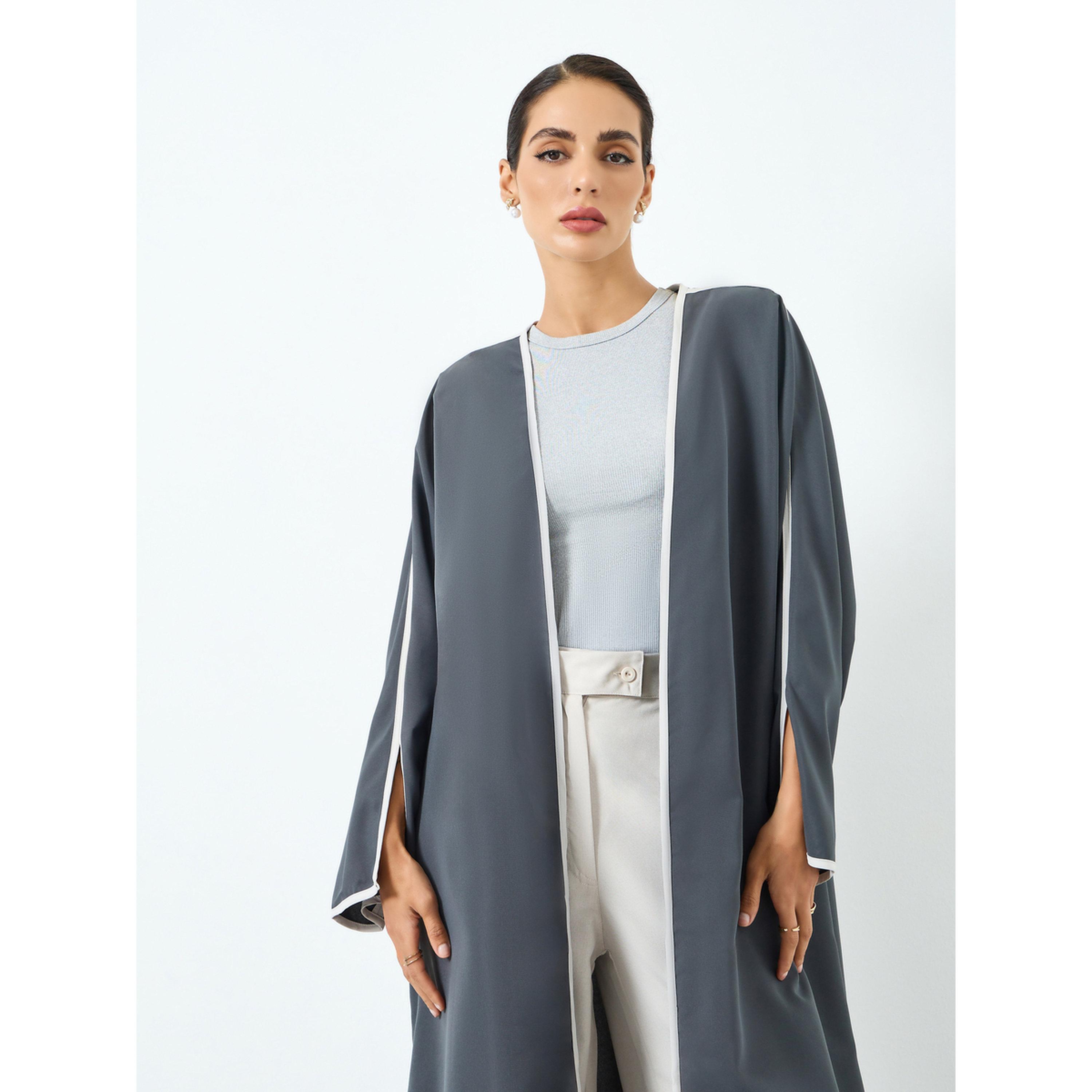 Take Two Women Grey Contrast Piping Slut Sleeve Abaya-women-arabicclothing-abayas-image-2