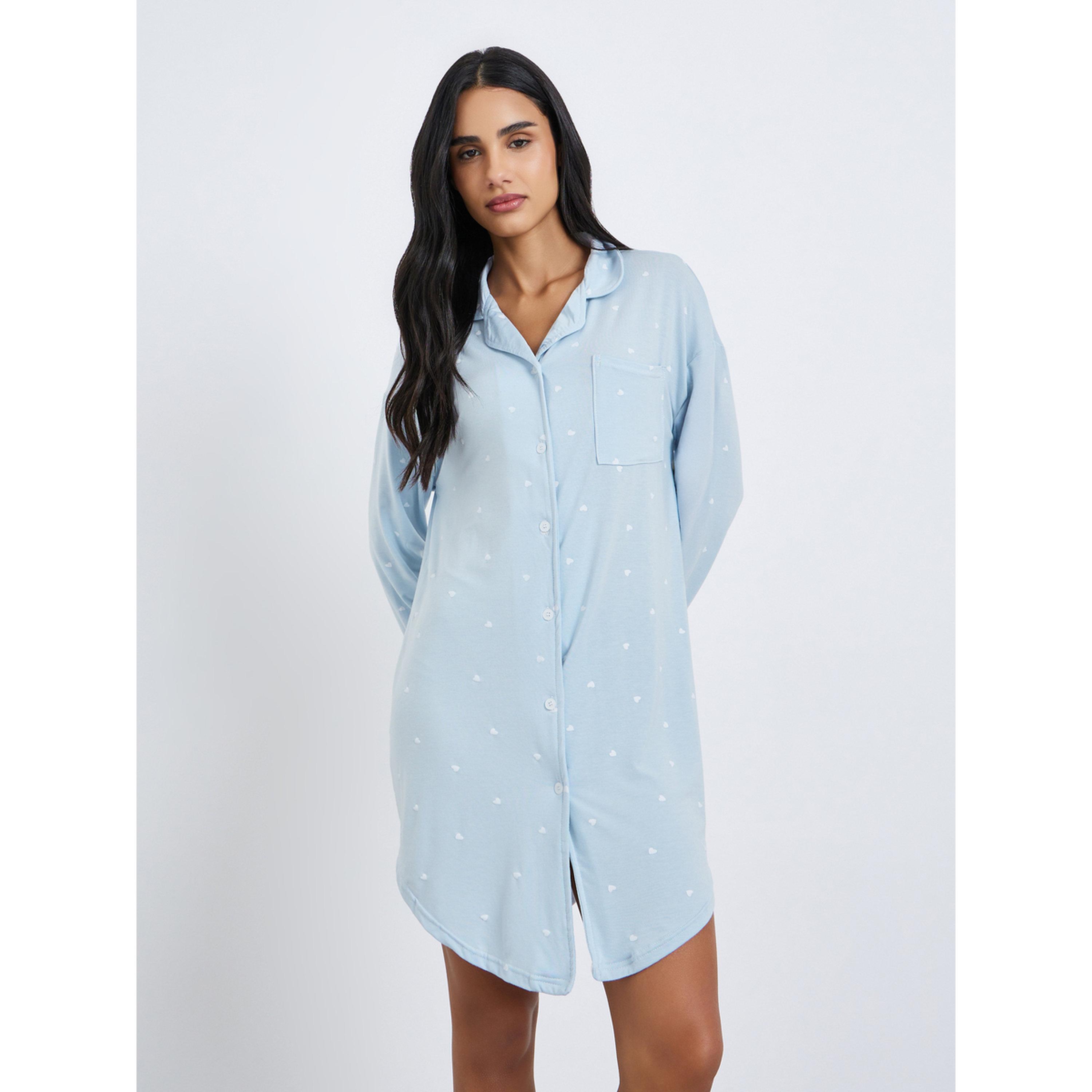 Styli Women Blue Heart Print Long Sleeve Nightshirt-women-clothing-nightwear-nighties-image-1