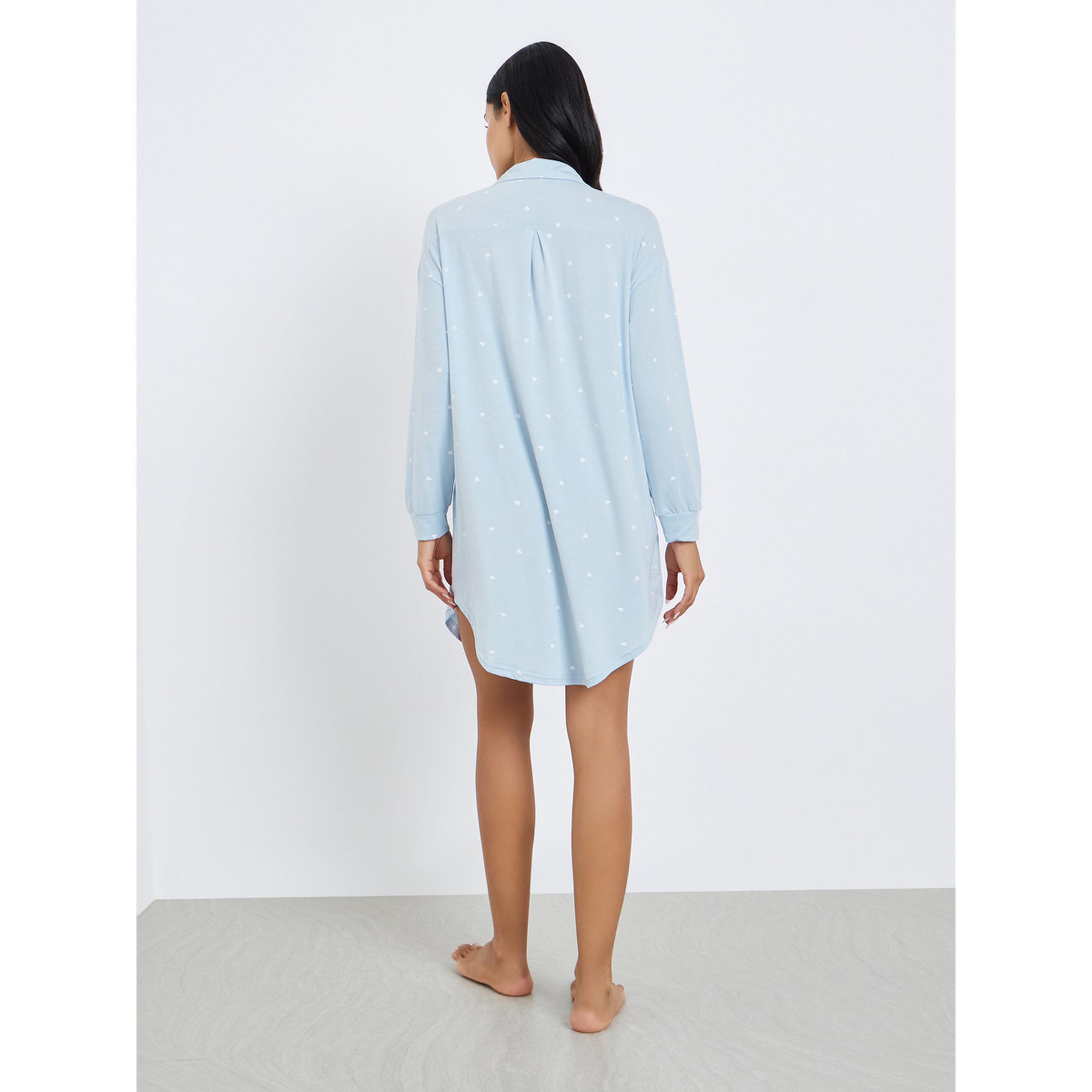 Styli Women Blue Heart Print Long Sleeve Nightshirt-women-clothing-nightwear-nighties-image-3